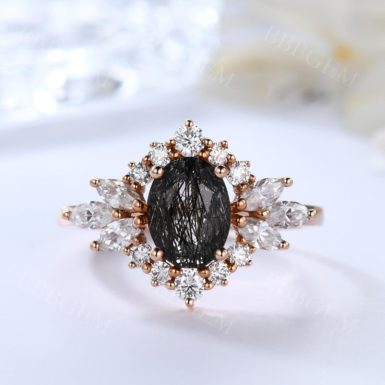 Oval Cut Black Rutilated Quartz Engagement Ring with Marquise Moissanite Halo - Elegant Wedding Band for Proposals, Anniversaries & Special Occasions