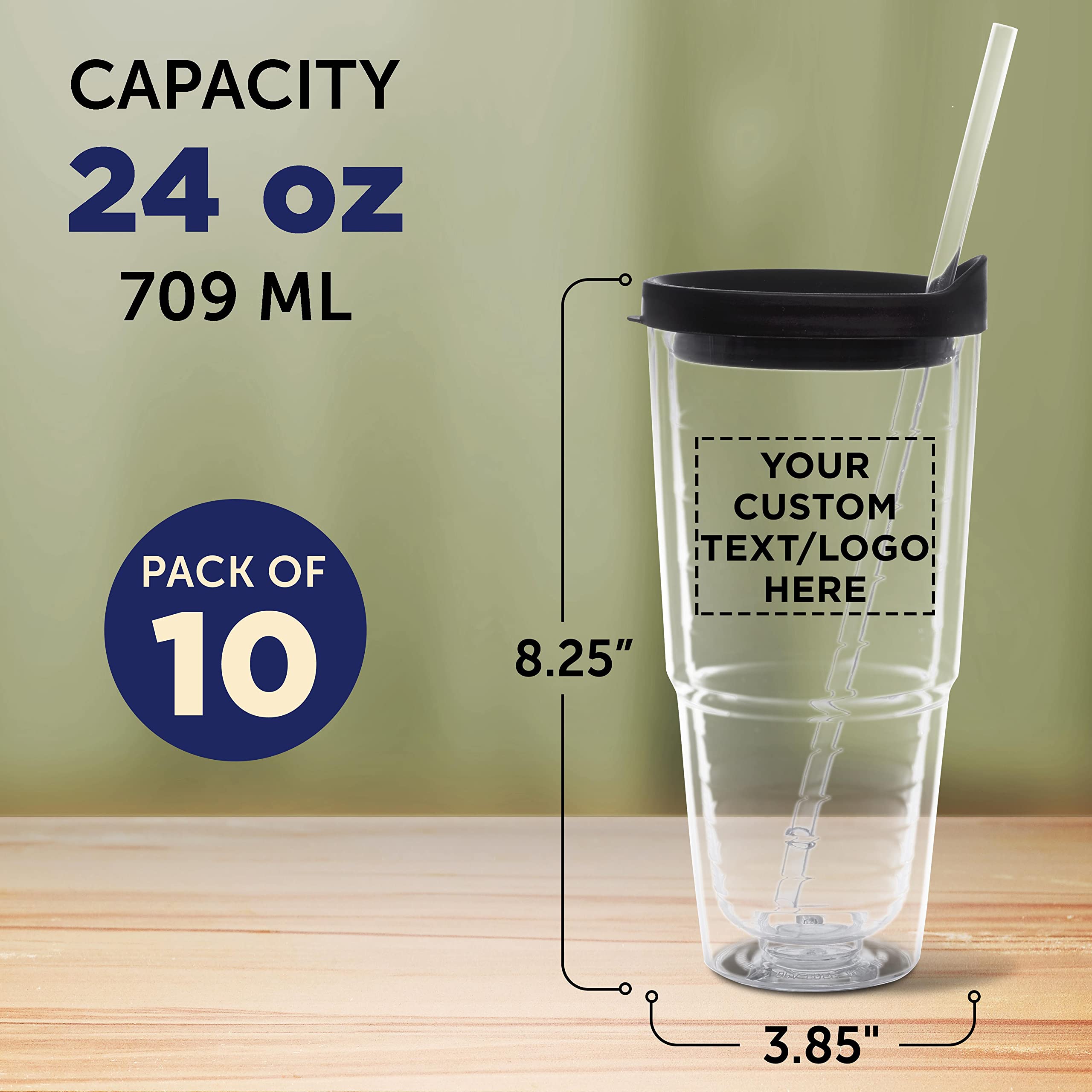 Custom 24 oz Double Wall Acrylic Tumblers with Straw - Set of 10 Personalized Drinkware for Hot & Cold Beverages - Bulk Pack Promotional Items - Perfect for Restaurants, Cafes, Events and Corporate Gifts - Black