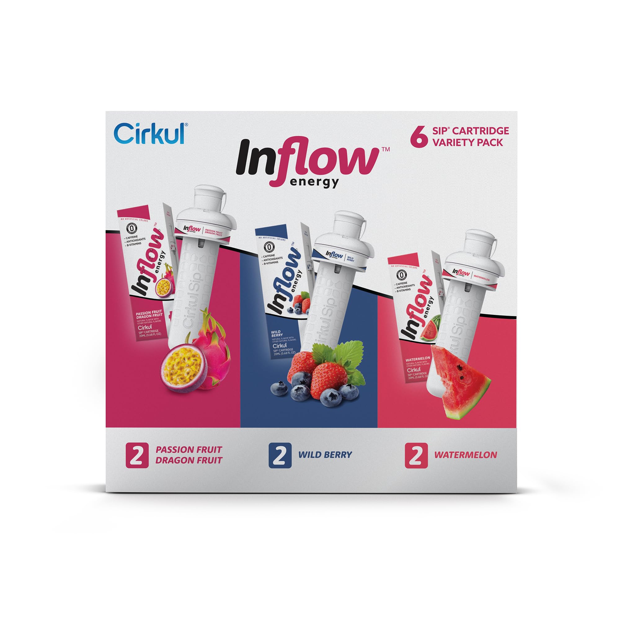Cirkul Inflow Energy Flavor Cartridge Variety Pack with Caffeine - 6 Pack (Passion Fruit Dragon Fruit, Wild Berry, Watermelon) | Hydration Boost for Workouts, Office & Outdoor Activities