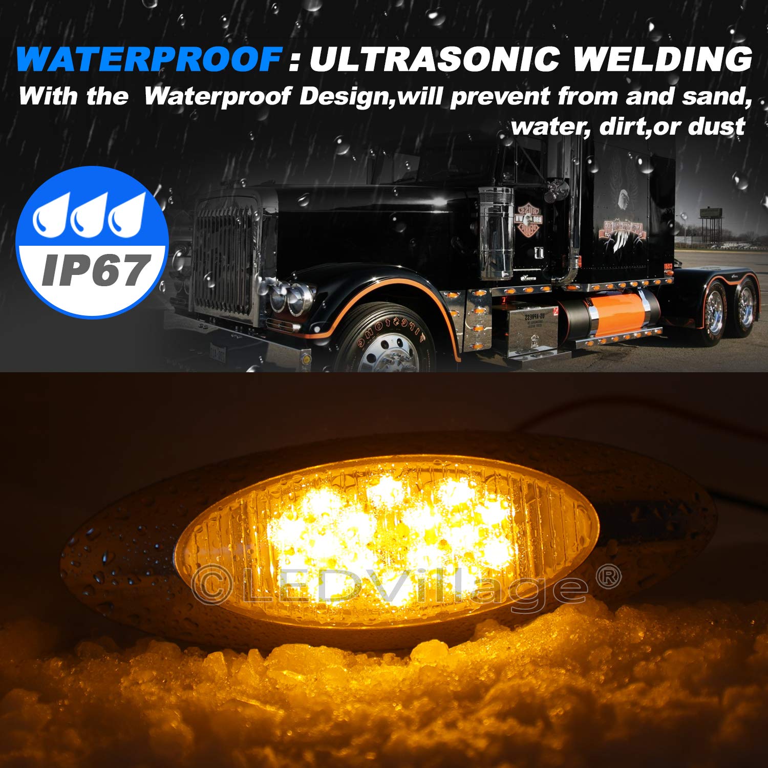 6.5 Inch Clear Lens Amber LED Side Marker Light with Chrome Bezel - 16 LED Clearance Lamp 12V DC for Trailer, Caravan, Pickup & Tow Truck - Durable & Bright Safety Lighting [Pack of 10] - Perfect for Night Driving, Road Visibility & Vehicle Compliance