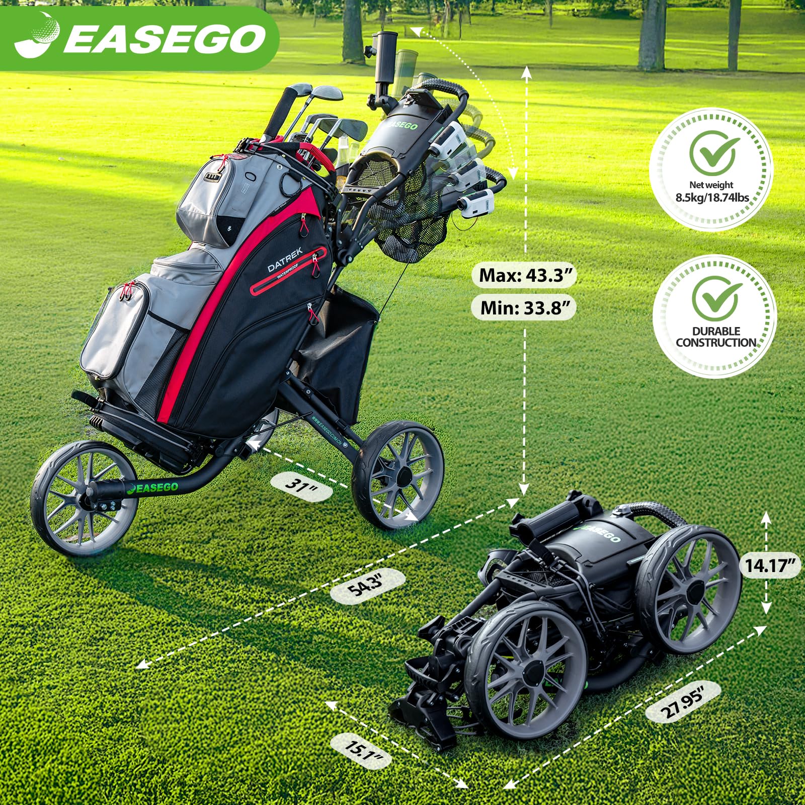 Premium 3-Wheel Golf Push Cart - Foldable Golf Bag Caddy with Phone Holder, Cup Holder & Umbrella Stand | Compact & Lightweight Design for Easy Transport | Ideal for All Terrains - Perfect for Golf Courses, Driving Ranges & Practice Sessions