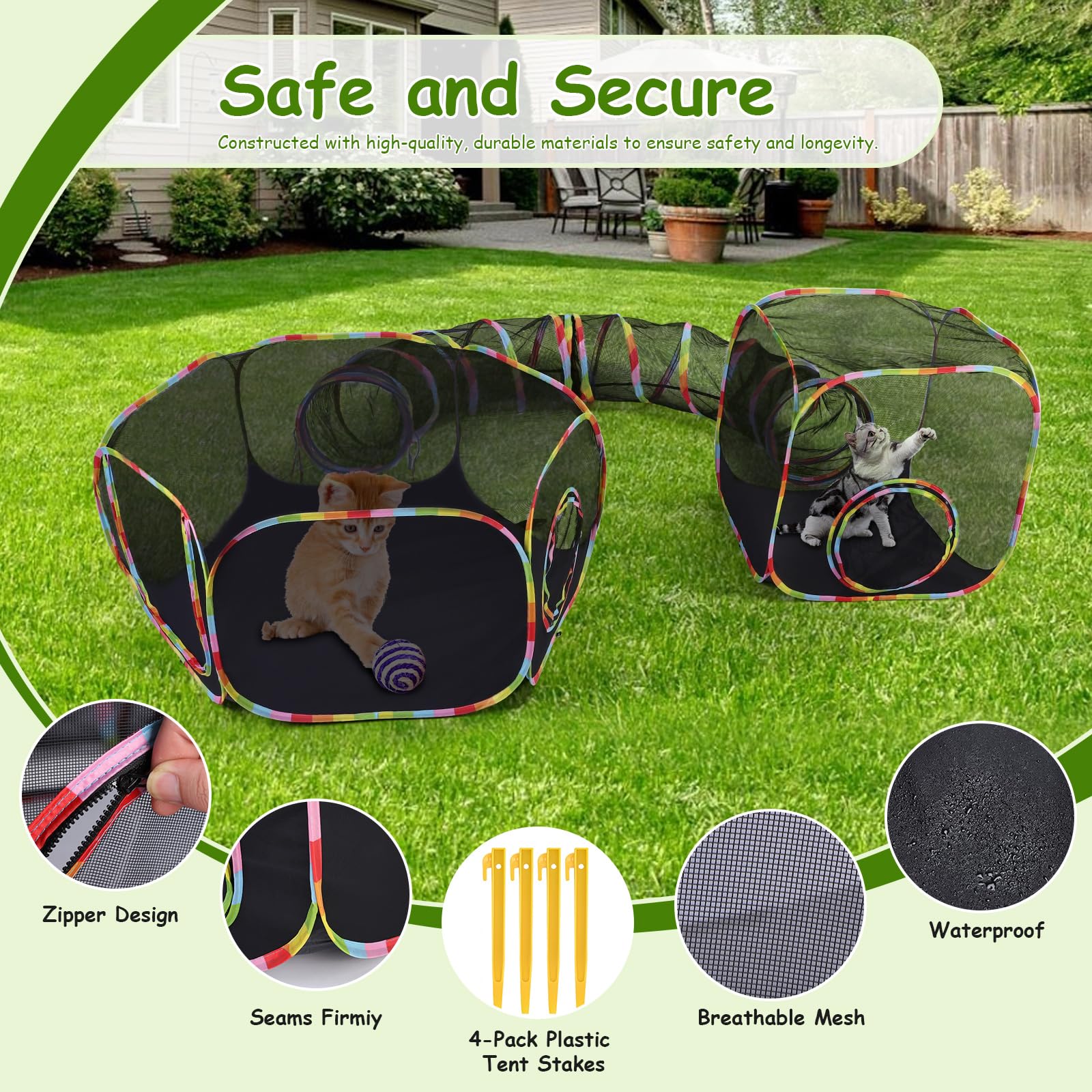 Upgraded Outdoor Cat Enclosures & Play Tunnels - Large Foldable Cat Tent with 6 Play Ways, Portable Kitty Playhouse Includes 2 Balls for Cats & Small Pets | Perfect for Backyard, Patio, Camping & Indoor Play