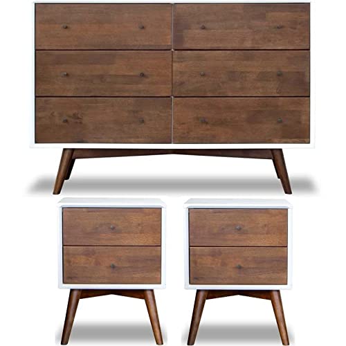 Home Square 3-Piece Solid Wood Bedroom Dresser & Nightstand Set in Walnut/White - Premium Wooden Bedroom Furniture for Master Bedroom, Guest Room, and Apartment Decor
