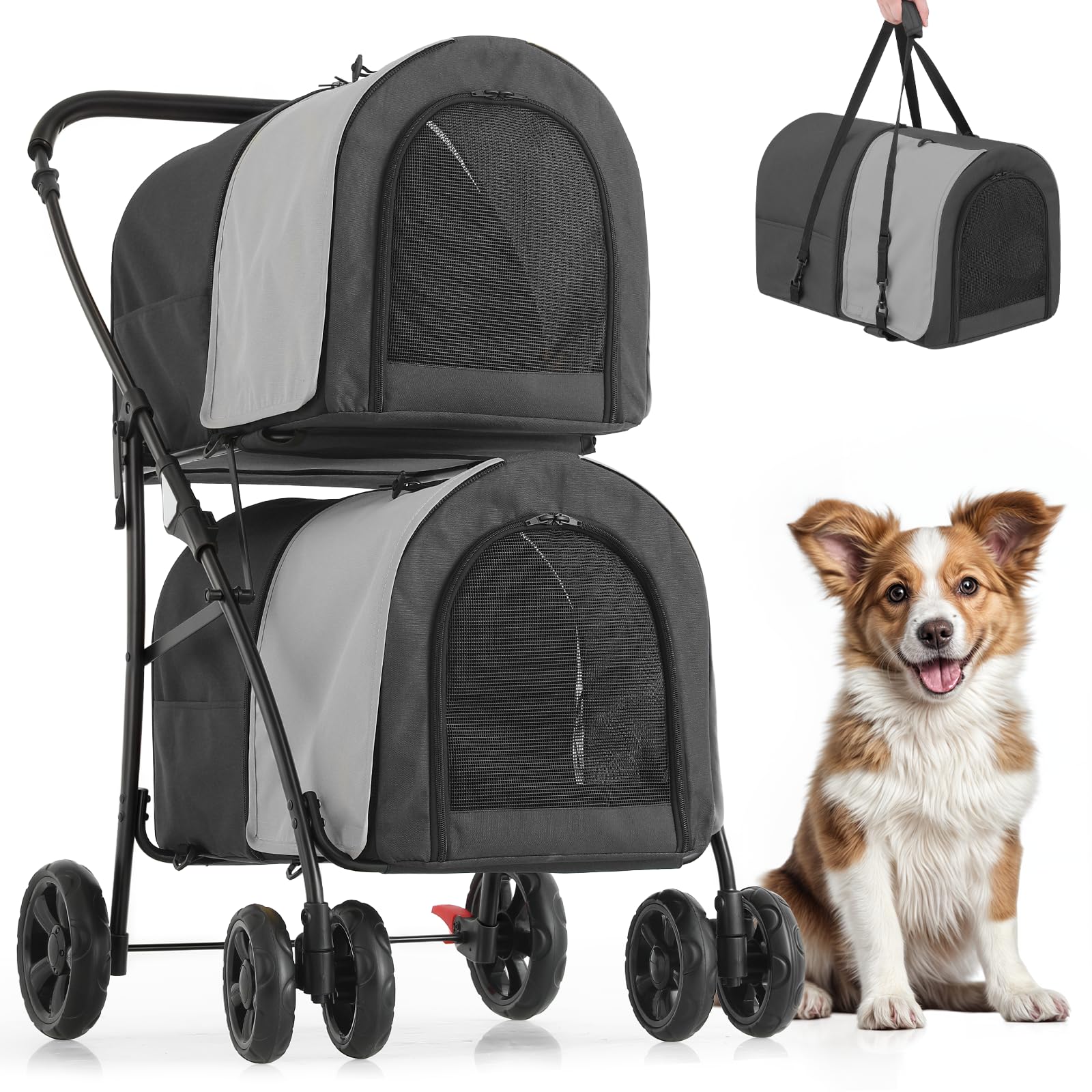 **Magshion Double Dog Stroller with 2 Detachable Carrier Bags - 4-Wheel Folding Pet Travel Cart for Small & Medium Dogs & Cats - Includes Storage Pocket - Black/Gray - Perfect for Park Walks, Vet Visits & Shopping Trips**