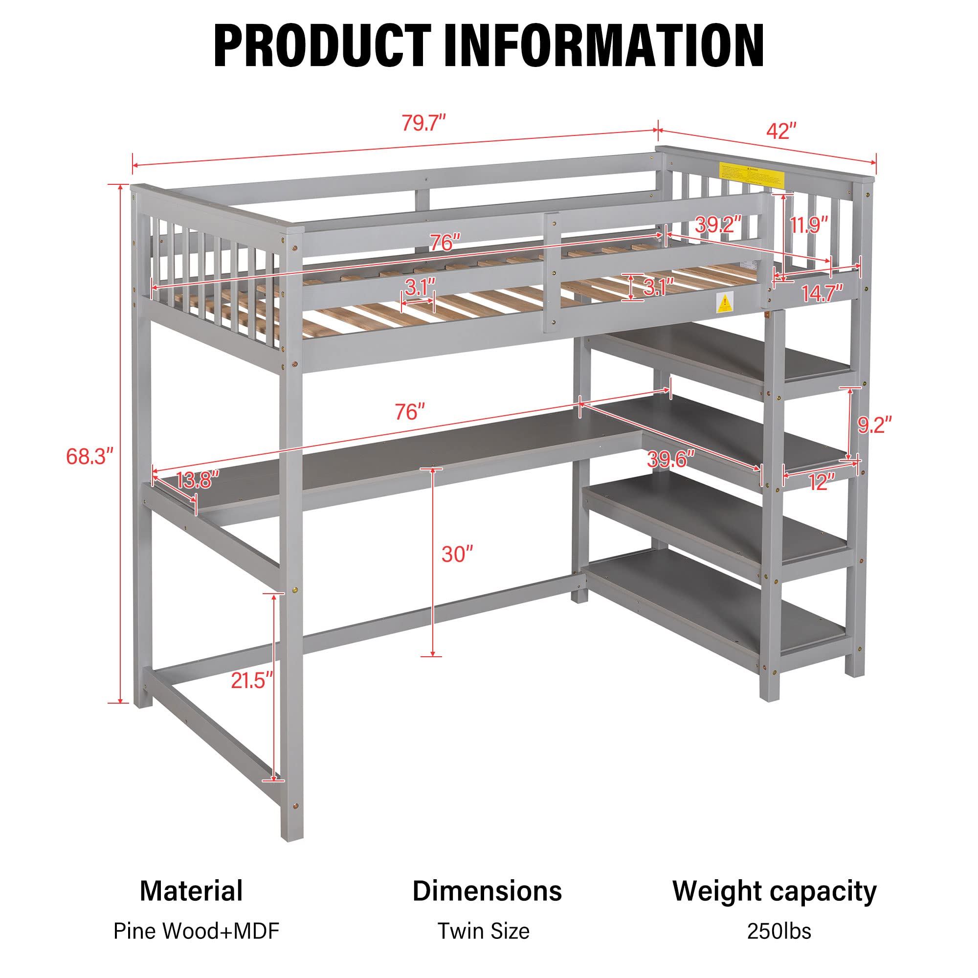 Merax Twin Size Wood Loft Bed with Built-in Desk & 4 Storage Shelves - Solid Wood Study Bed for Small Spaces - Perfect for Kids Rooms, Dormitories & Studio Apartments (Grey)