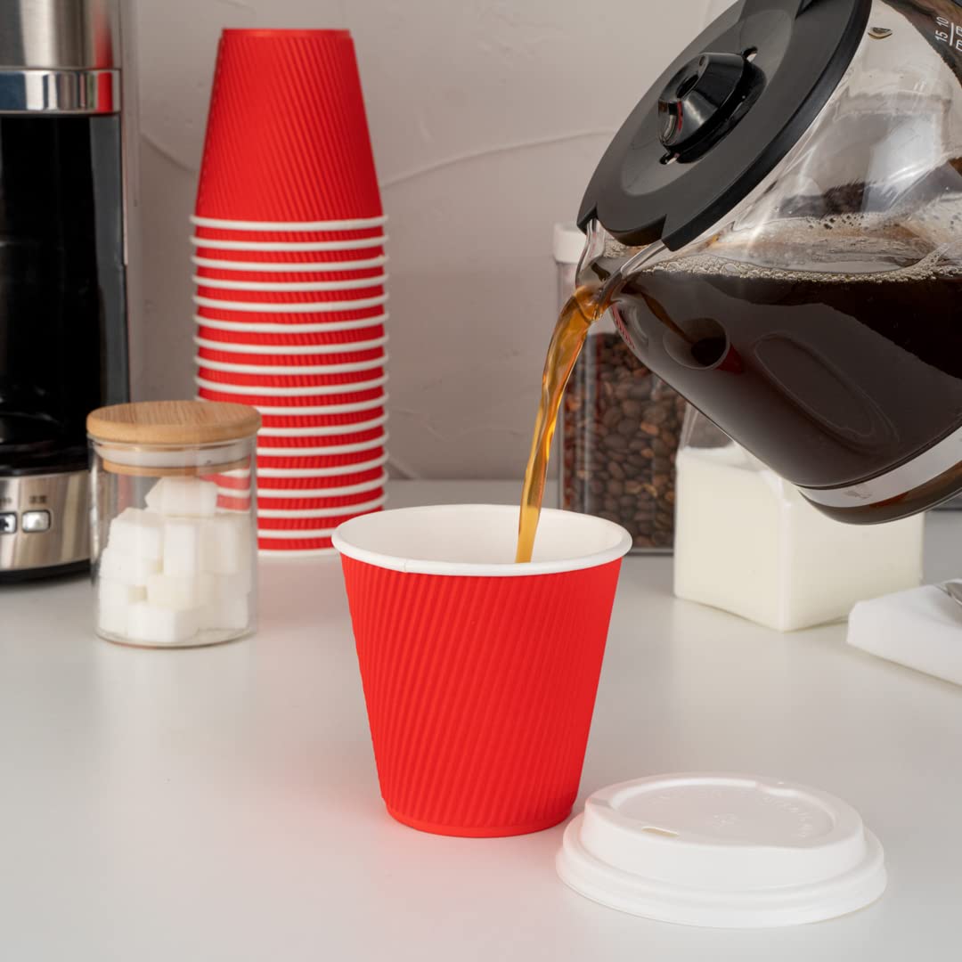 Restaurantware 8oz Insulated Coffee Cups with Lids - 400 Pack Leakproof Ripple Wall Hot Cups | Disposable Red Paper Coffee Cups for Tea, Hot Cocoa & Lattes | Perfect for Cafes, Offices & Catering Events