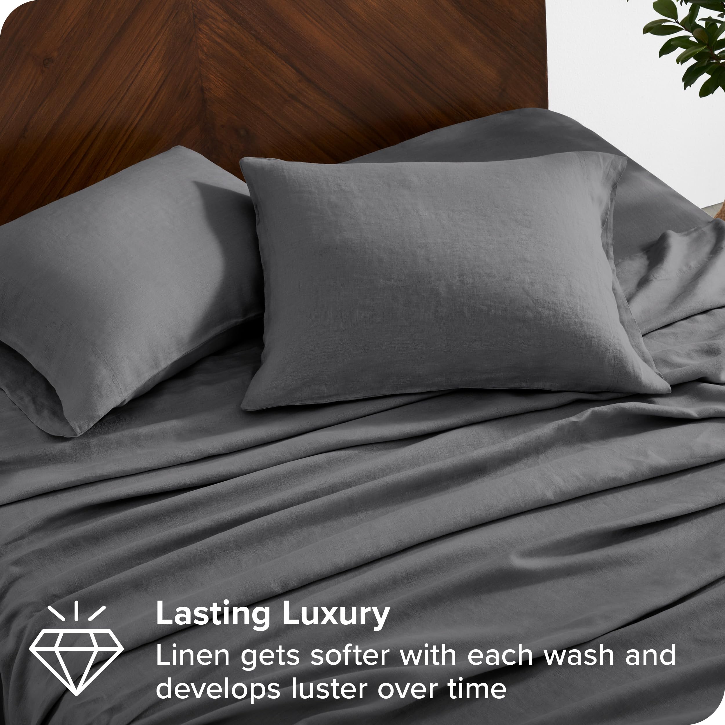 Bare Home 100% Linen Queen Sheet Set - 4 Piece Luxury Bedding with Deep Pockets for Easy Fit - Breathable & Soft Dark Grey Sheets & Pillowcases - Perfect for All-Season Comfort in Master Bedroom or Guest Room