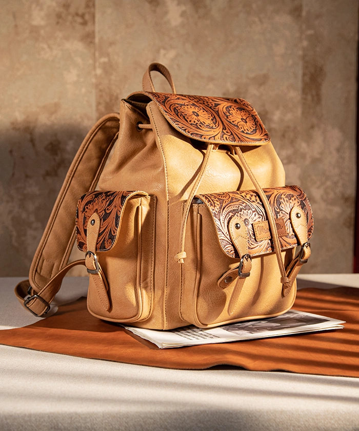 Wrangler Floral Tooled Concealed Carry Backpack for Women & Men - Tactical EDC Hiking Daypack with Hidden Gun Pocket - Perfect for Outdoor Adventures, Travel & Everyday Use
