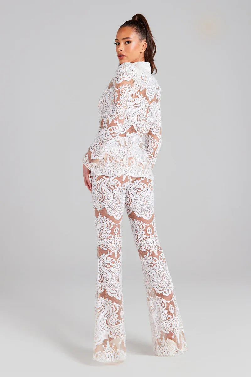 2023 Women's White Lace 2-Piece Outfit - Sexy See-Through Suit Coat & Flare Pants Set for Evening Parties, Date Nights & Special Occasions