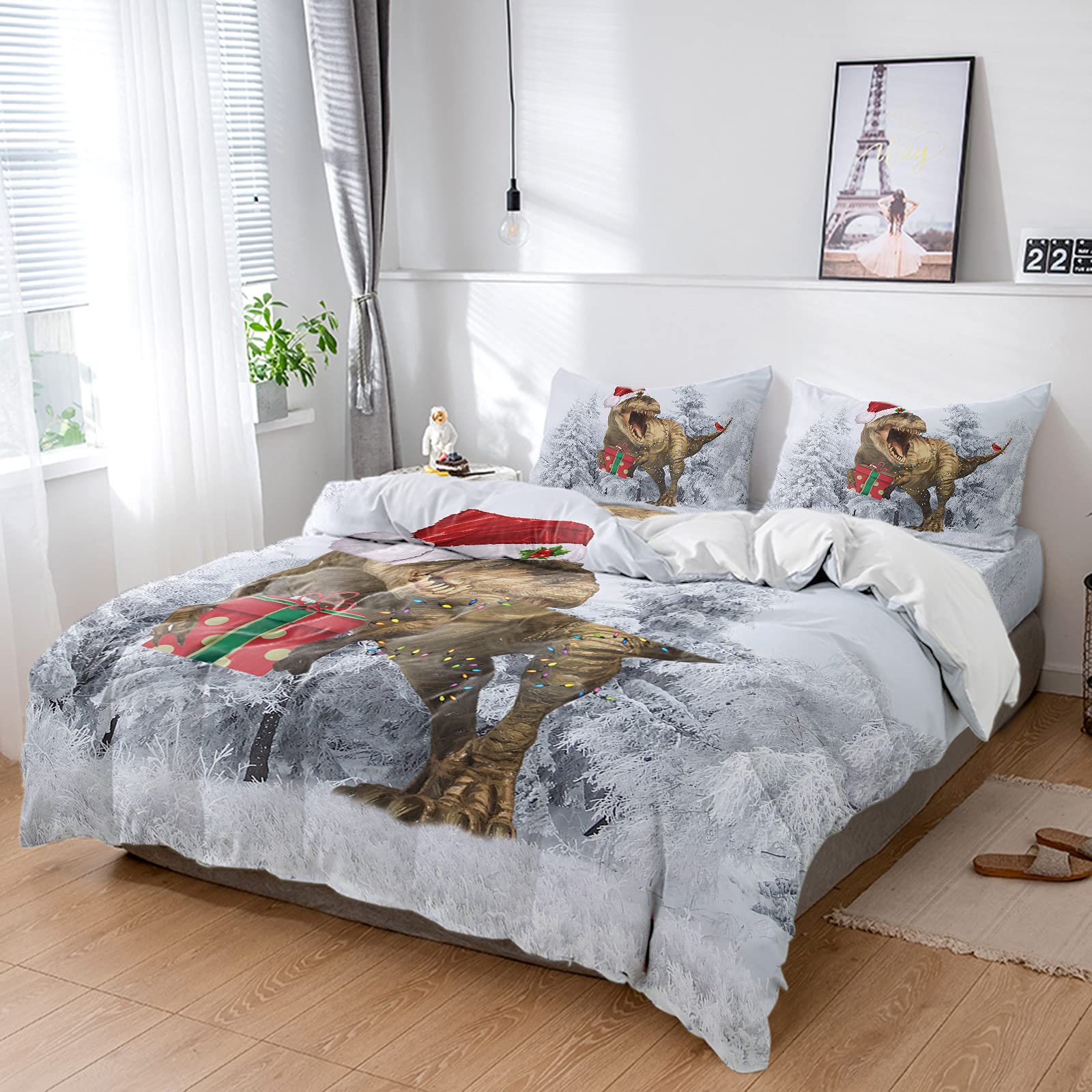 4-Piece California King Duvet Cover Set - Christmas Dinosaur & Cardinal Bird Print, Soft Bedspread with Flat Sheet & Decorative Pillowcases - White Snowy Forest Design for Bedroom Decor - Perfect for Holiday Gift, Winter Bedding & Cozy Home Atmosphere
