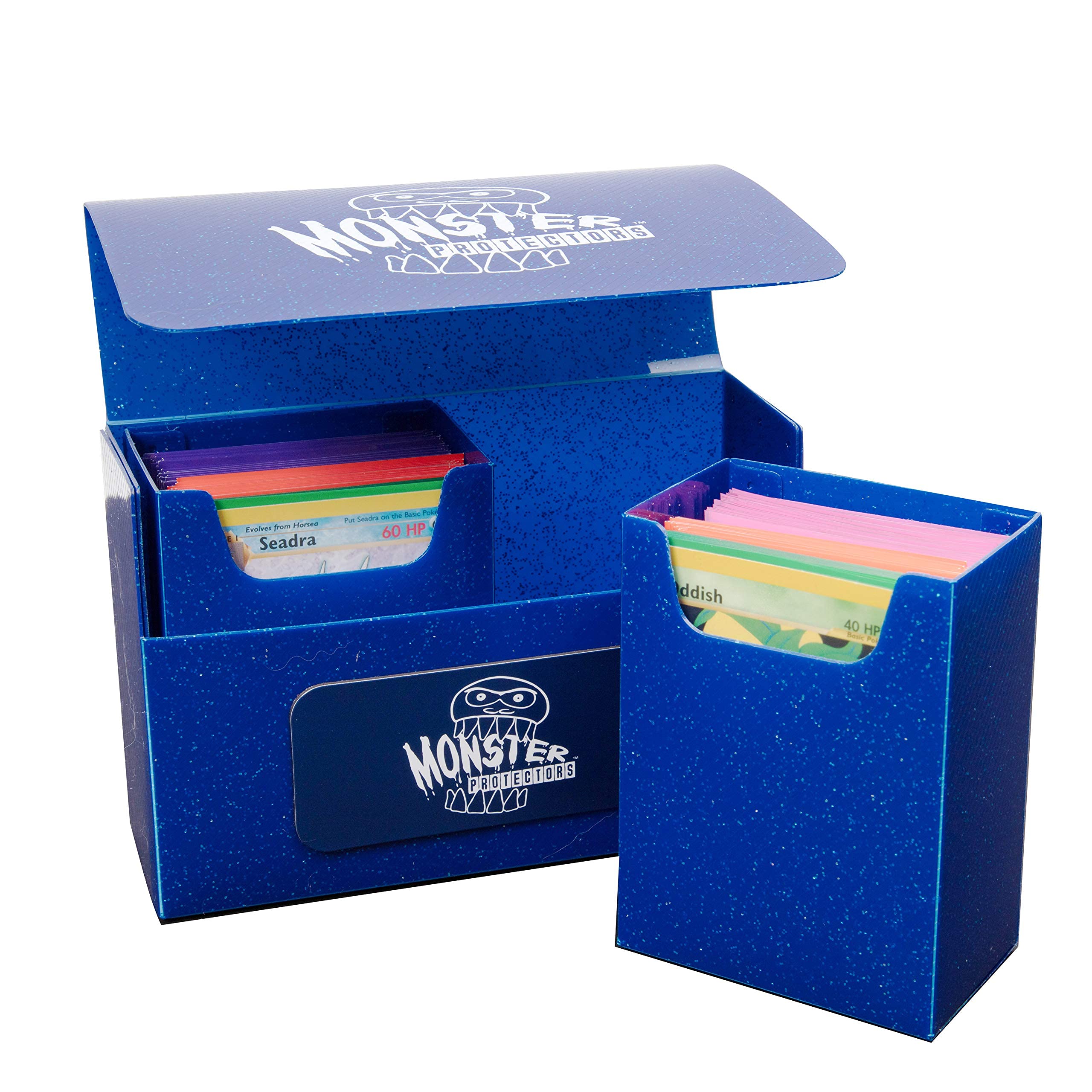 Monster Protectors Magnetic Double Deck Box - Blue Glitter TCG Storage | Holds 150 Trading Cards | Self-Locking Closure | Compatible with Standard & Small Size Cards | Removable Construction | Perfect Gift for Gamers & Collectors | Great for MTG, Pokemon & Yu-Gi-Oh Card Organization