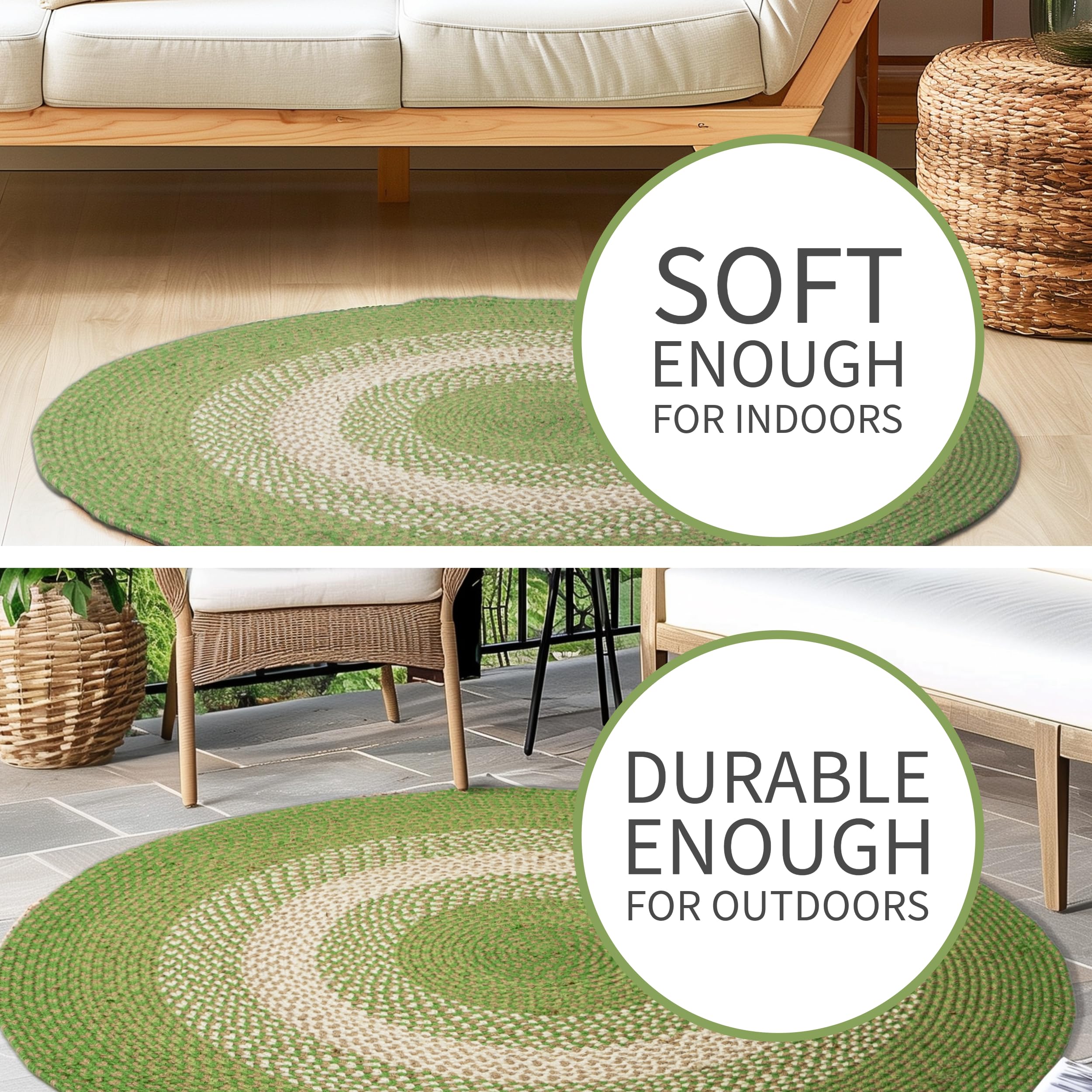 Super Soft Braided Area Rug - 4' Round Green & Taupe Beige Indoor/Outdoor Rug for Dining Room, Patio, Porch | Durable & Stylish Home Decor for Living Spaces