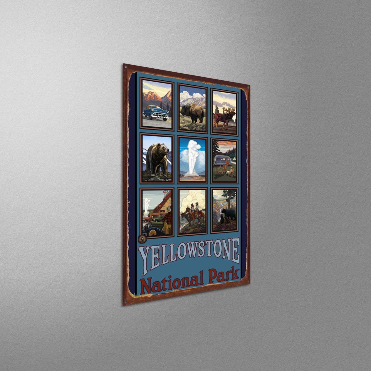 Yellowstone National Park Blue Collage Rustic Metal Art Print - 11.5x17.5 Inch Travel Wall Decor by Artist Paul A. Lanquist - Perfect for Home, Office & Cabin Decor