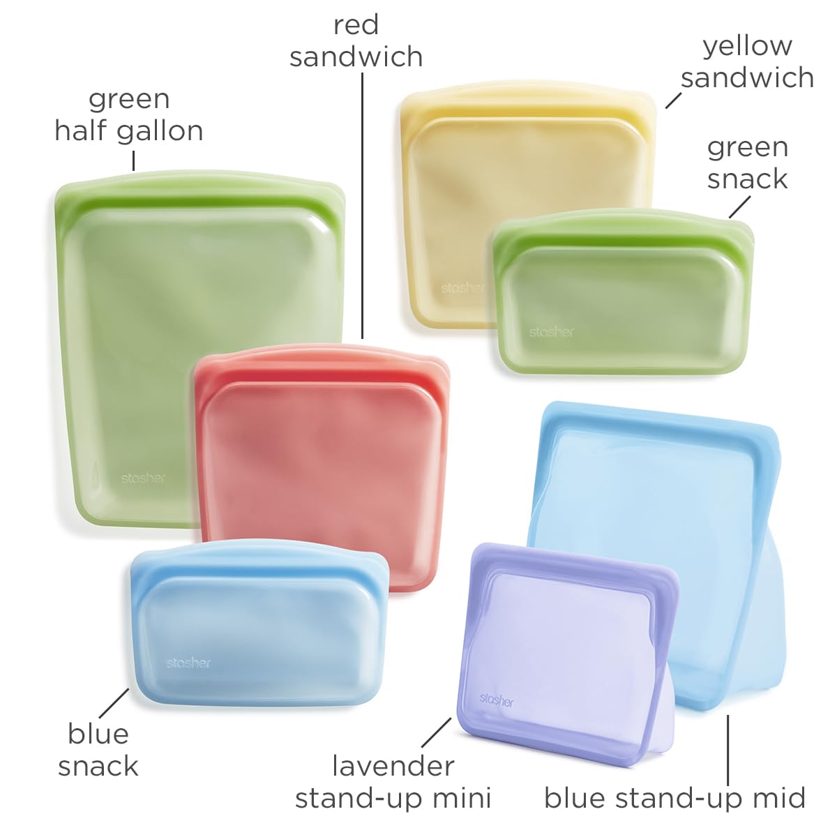 Stasher Premium Silicone Reusable Food Storage Bags 7-Pack Rainbow | BPA Free, Leakproof, Dishwasher Safe Eco-Friendly Food Containers | Perfect for Meal Prep, School Lunch, Travel & Camping | Sandwich Bags, Snack Storage & Freezer Safe