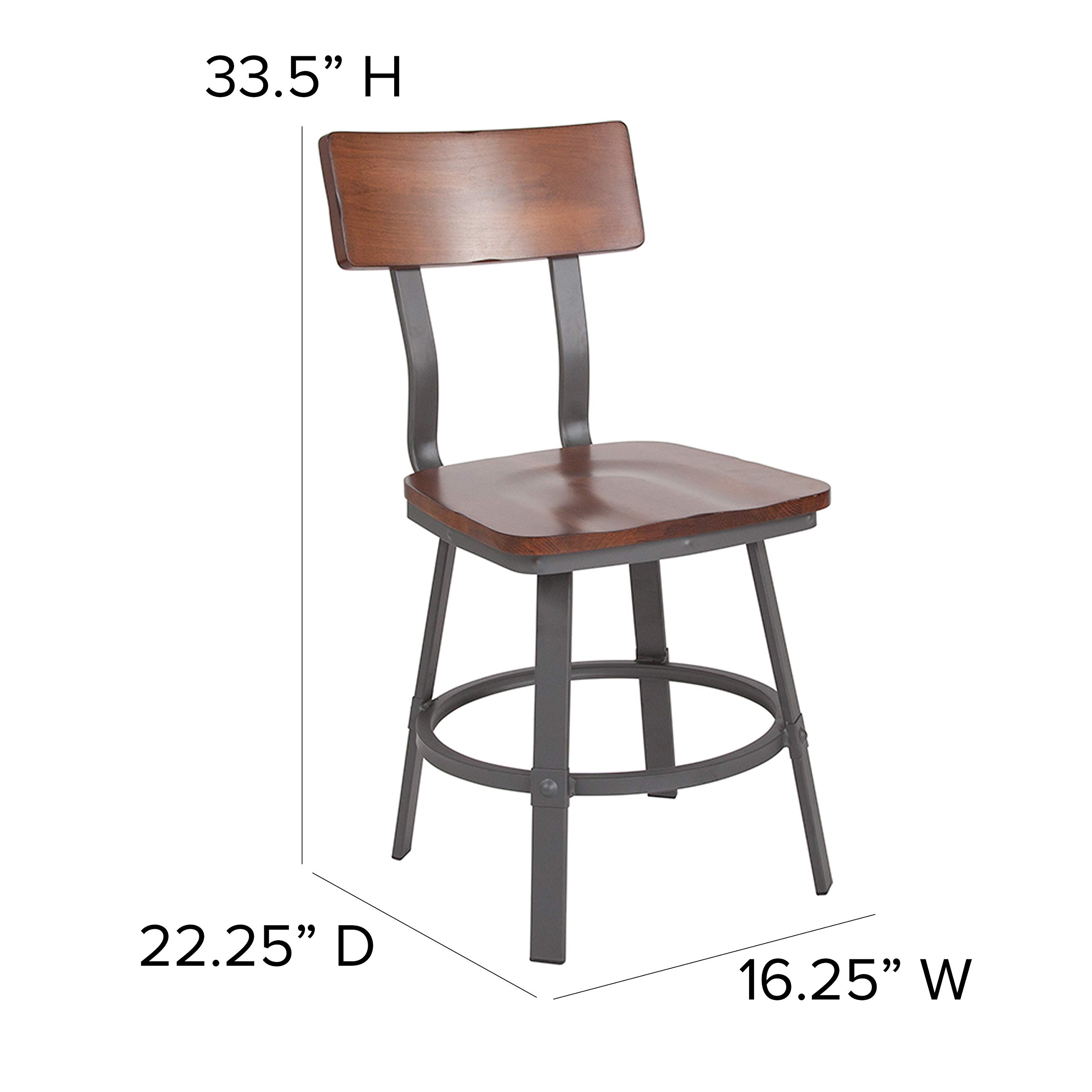 EMMA + OLIVER Rustic Walnut Dining Chair with Wood Back & Seat, Gray Metal Frame - Perfect for Farmhouse Kitchen, Dining Room & Restaurant Decor