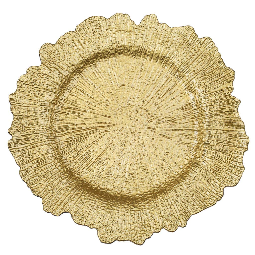 10-Pack Gold Acrylic Plastic Charger Plates for Elegant Dinner Parties, Weddings & Special Events - Perfect for Anniversaries, Birthdays & Housewarming Celebrations - Premium Reef Design for Formal Dining & Table Decor