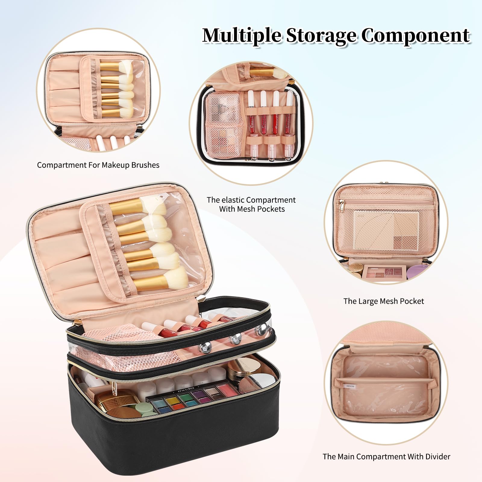 OCHEAL Double Layer Large Capacity Makeup Bag for Women - Travel Cosmetic Organizer with Handle & Divider - Perfect for Travel, Gym & Daily Use - Black