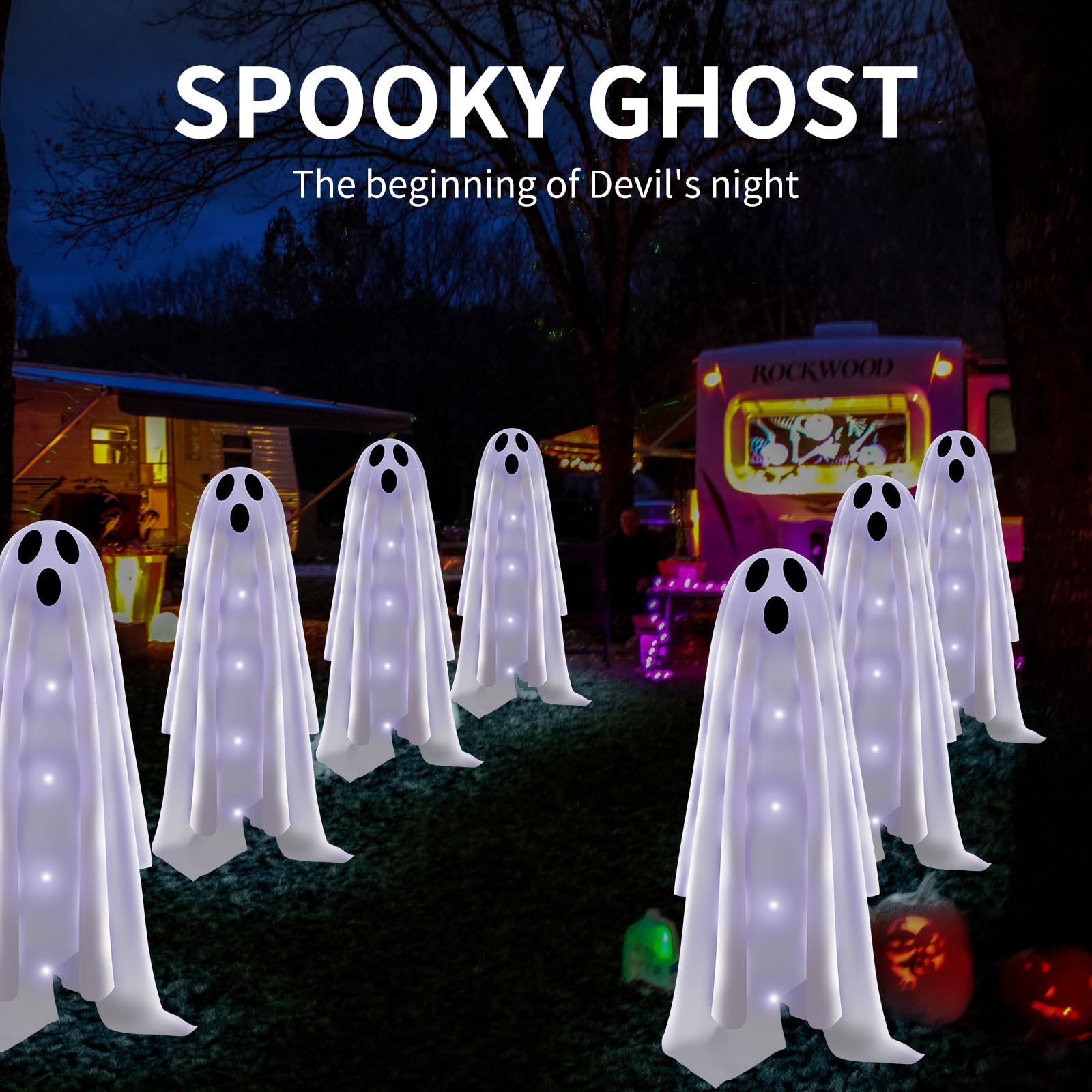 **6-Pack Halloween Solar Ghost Garden Lights - Outdoor Scary Decor for Halloween Party, Yard & Pathway - Cold White LED Solar-Powered Path Lights for Spooky Nighttime Ambiance**