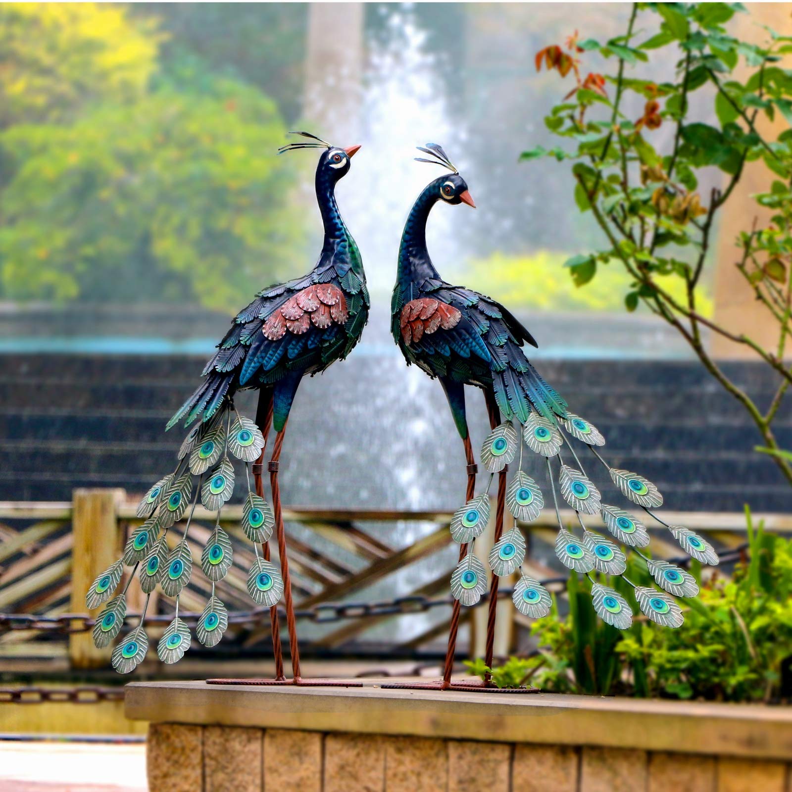 Metal Peacock Garden Statues - Set of 2 Outdoor Decor for Patio, Yard & Lawn | Elegant Garden Art Sculptures for Home & Landscape Decoration | Perfect for Wedding, Party & Backyard Decor