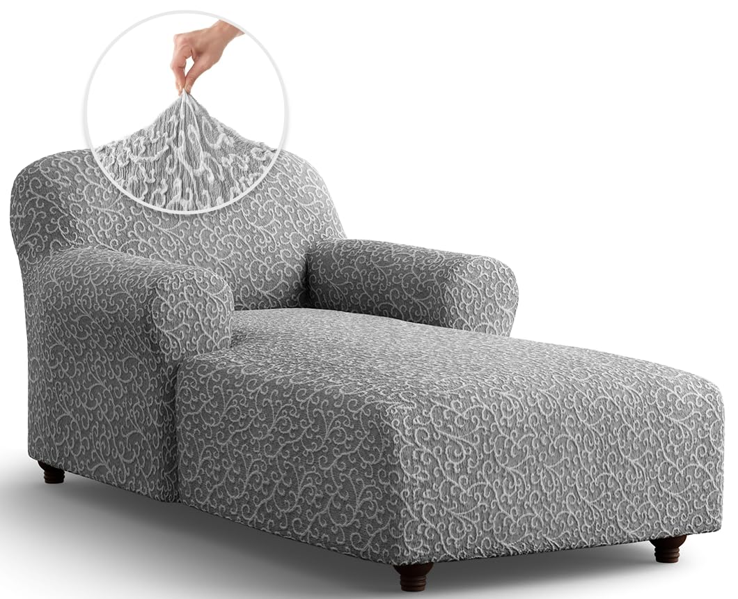 PAULATO BY GA.I.CO. Chaise Lounge Cover - Stretch Jacquard Slipcover for Sofa & Lounge Chair - Soft Fabric, 1-Piece Form Fit Furniture Protector - Grey Arabesco Pattern | Perfect for Living Room, Patio & Outdoor Furniture Protection