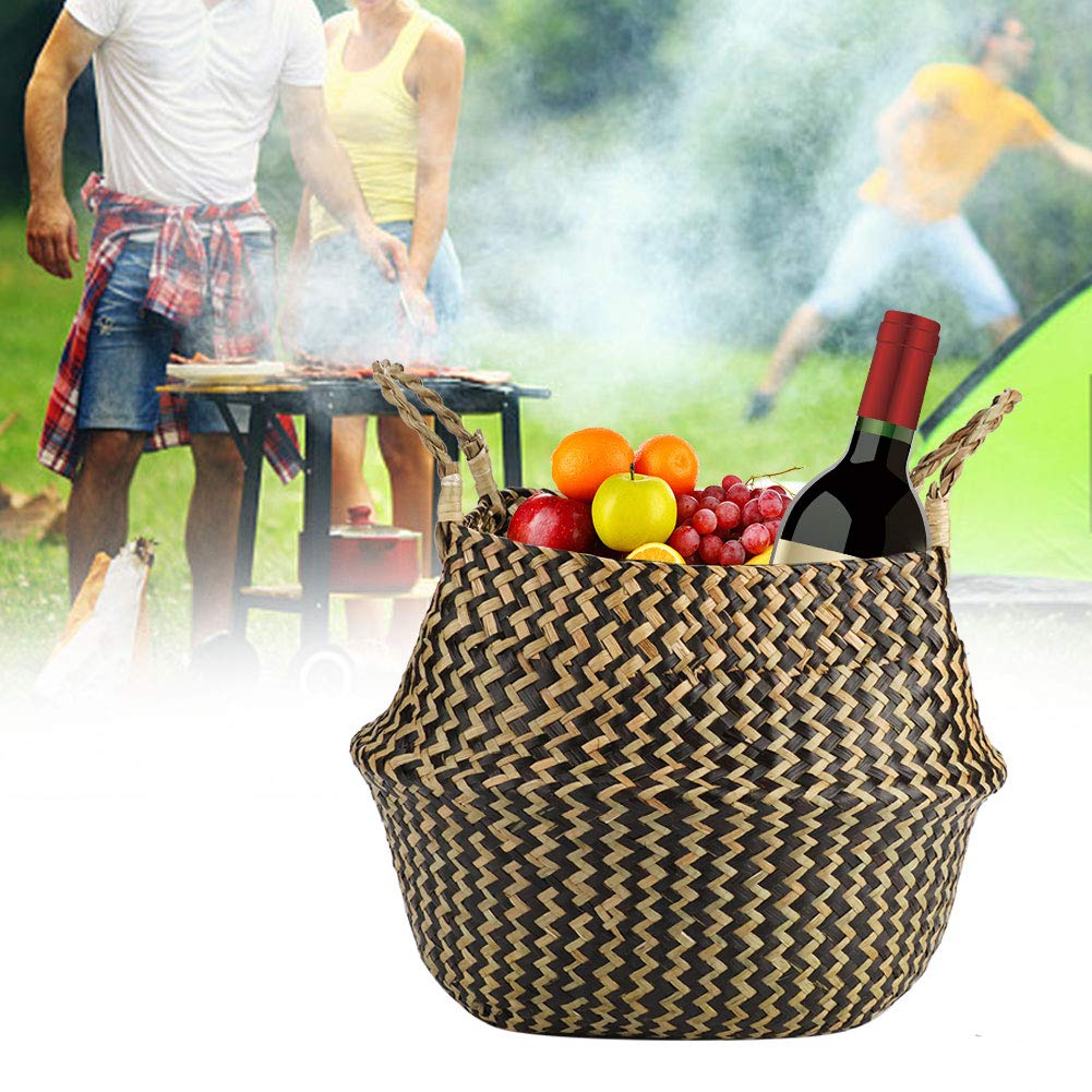 Alvinlite Hand-Woven Foldable Storage Baskets - Eco-Friendly Seagrass & Seaweed Woven Organizer for Clothes, Toys, Blankets & Plant Pots (Black) | Perfect for Home, Nursery & Office Organization