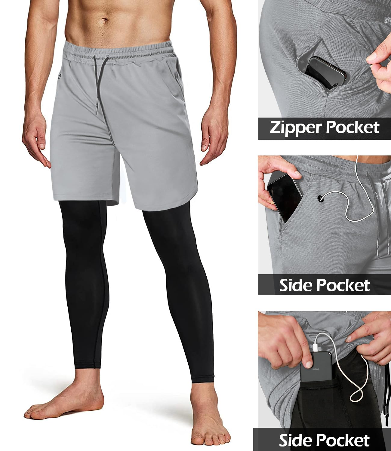 Aolesy Men's 2 in 1 Running Pants - Gym Workout Compression Pants for Men, Athletic Training Pants with Moisture Wicking - Perfect for Jogging, Fitness & Outdoor Sports