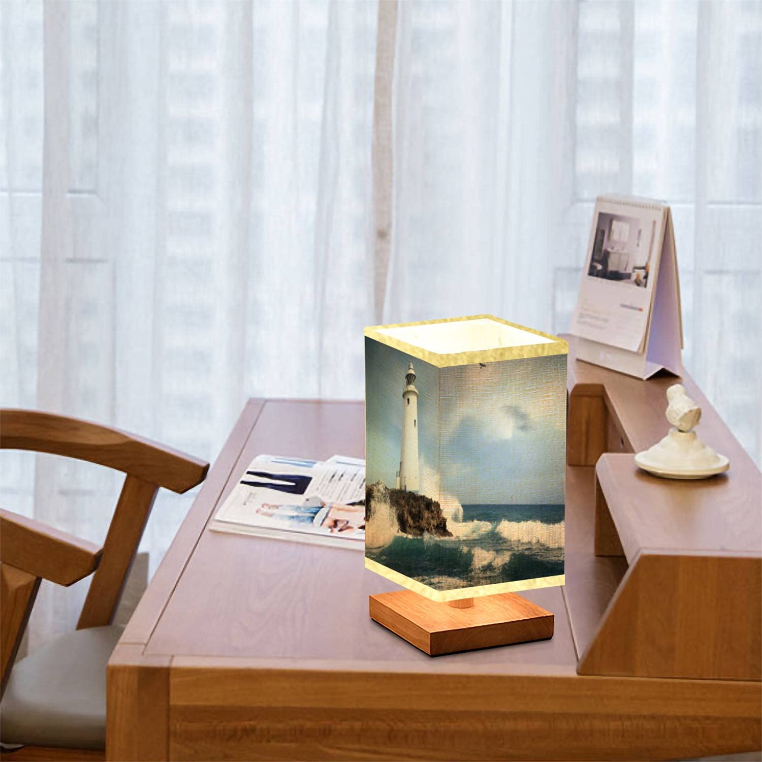 White Lighthouse on The Cliff Square Bedside Table Lamp - Wooden Base with Flaxen Fabric Shade, Dimmable Nightstand Lamp for Bedroom & Living Room (5.5x10 Inch) - Perfect for Coastal Decor, Reading Nook & Guest Room Ambiance