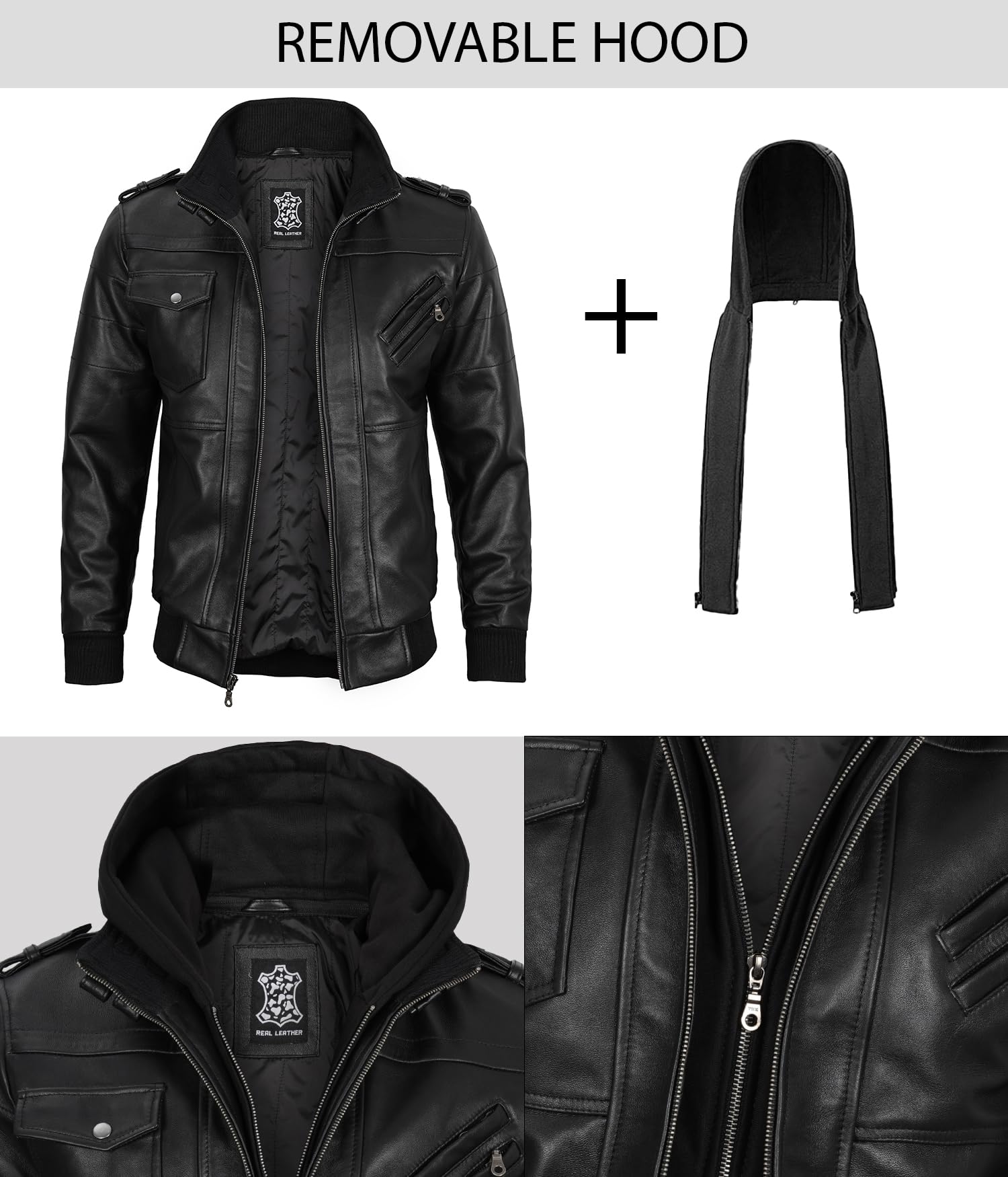 Decrum Men's Hooded Leather Bomber Jacket - Premium Genuine Leather with Removable Hood - Stylish Outerwear for Casual Wear, Motorcycle Riding & Night Out