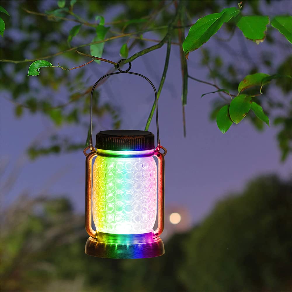 2 Pack Solar Mason Jar Lights - Waterproof RGB Color Changing Outdoor Hanging Lanterns for Garden, Yard, Patio, Deck, Courtyard | Perfect for Evening Gatherings, Romantic Ambiance & Pathway Lighting