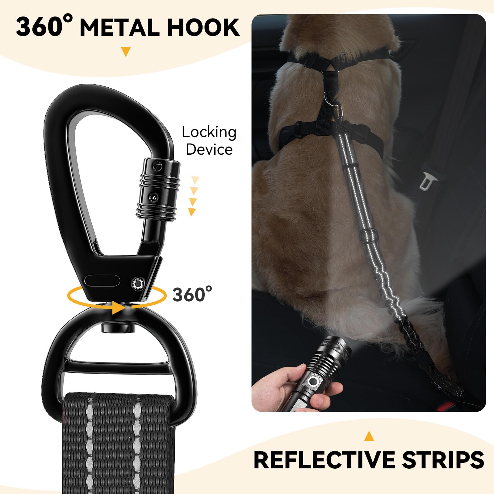 Pawaboo 2-Pack Dog Seat Belt for Cars - Adjustable 3-in-1 Pet Car Safety Harness with Shockproof Bungee, Reflective Leash & 360° Lockable Buckle - Perfect for Road Trips, Daily Commutes & Travel with Your Dog (Black)