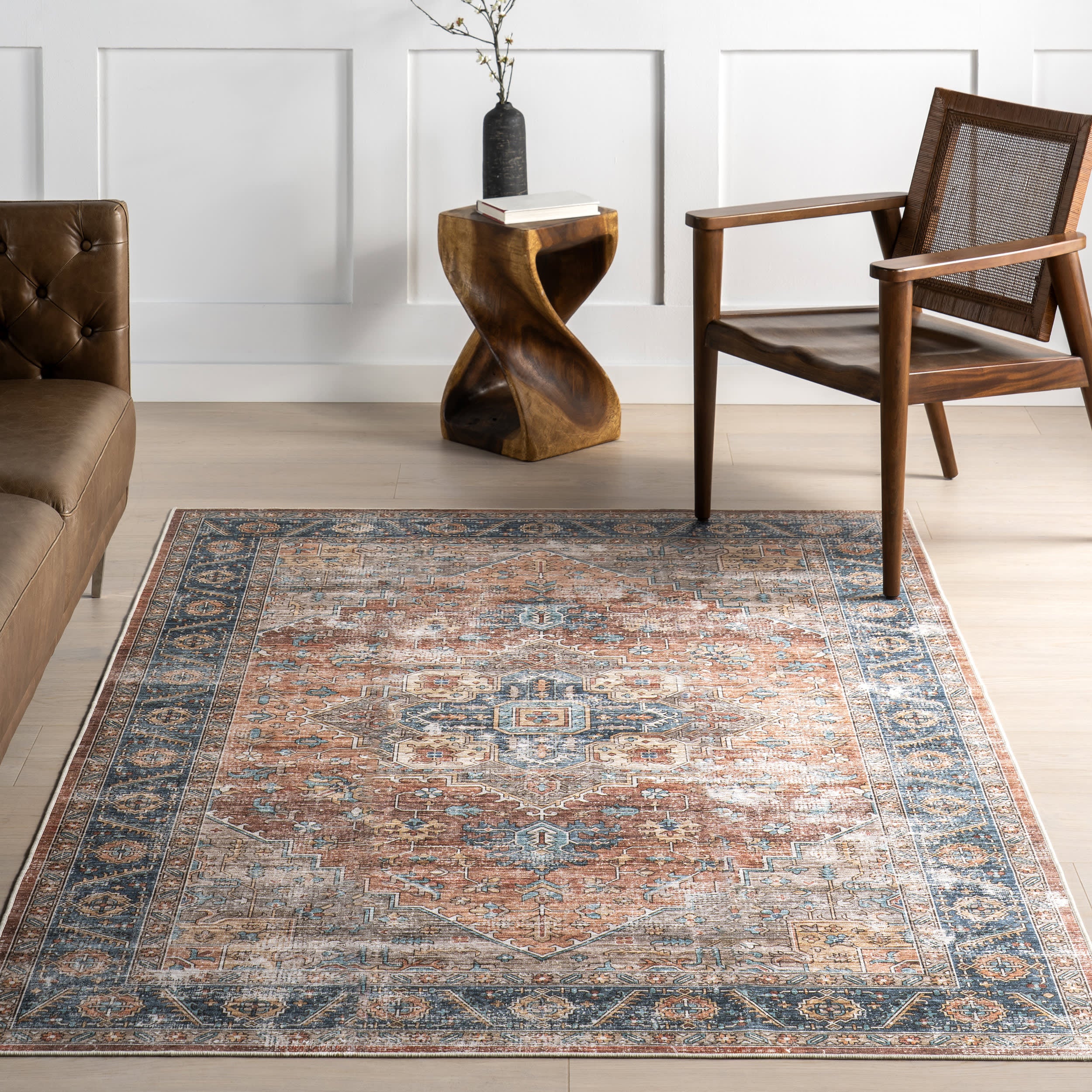 Azaria Medallion Spill Proof Washable Rug - Stain Resistant Non-Slip Indoor Outdoor Carpet in Rust Color | Perfect for Living Room, Bedroom, Kitchen & High Traffic Areas