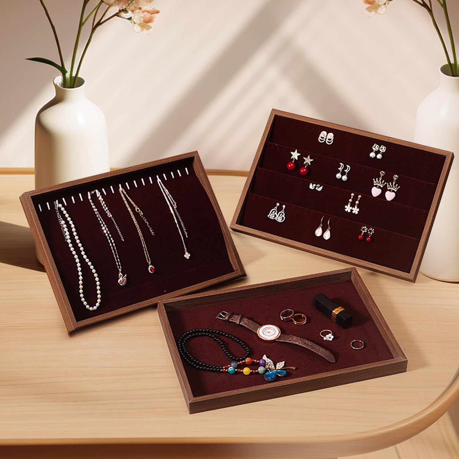4 Pack Wooden Jewelry Organizer Trays - 13.75