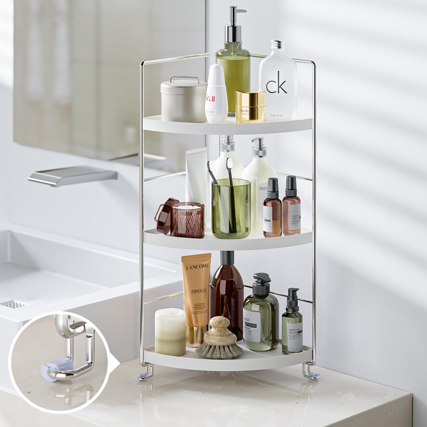 3-Tier Corner Spice Rack - White Kitchen & Bathroom Organizer for Spices, Cosmetics & Makeup - Space-Saving Countertop Shelf for Vanity, Pantry & Small Spaces