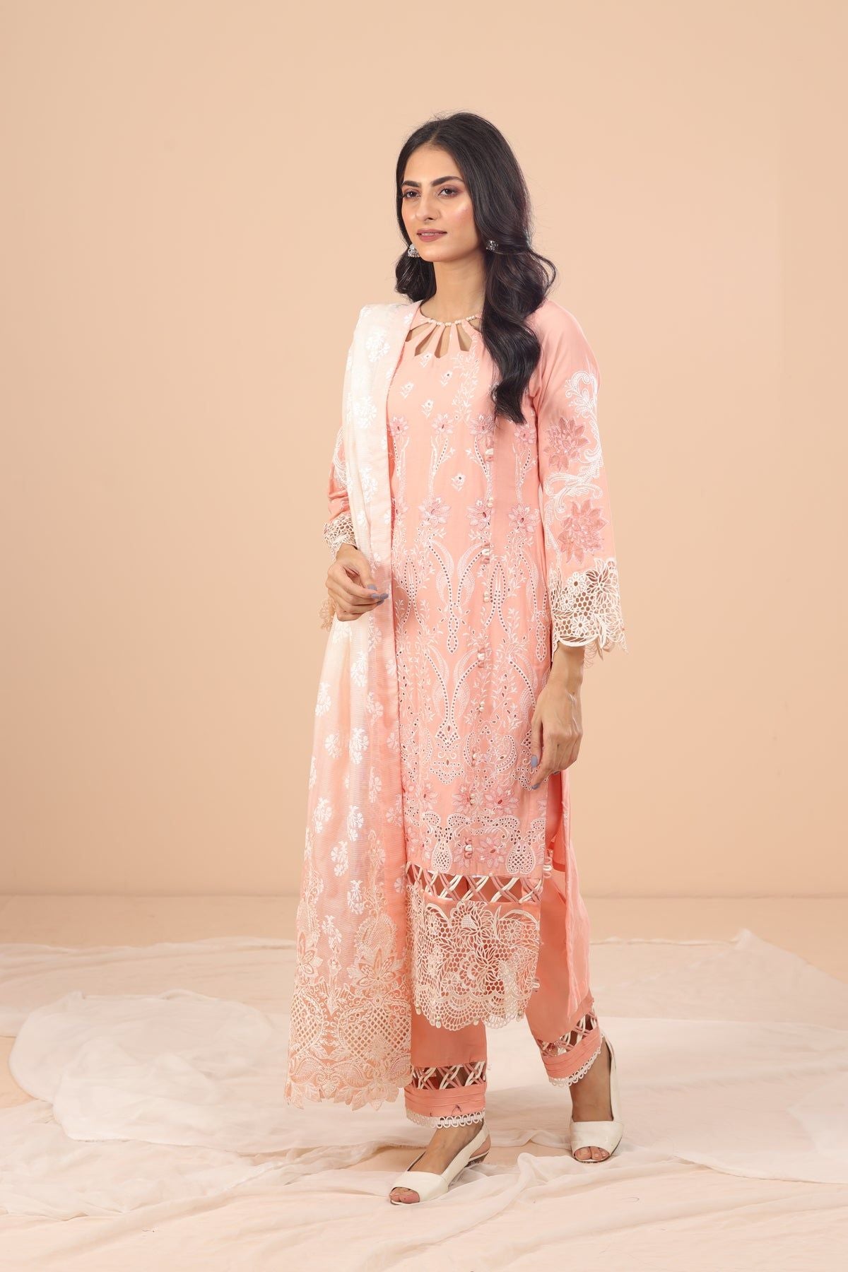 Cinderella 3 Piece Suit - Elaf Chikankari Embroidered Women's Ethnic Wear Set for Weddings, Parties & Special Occasions