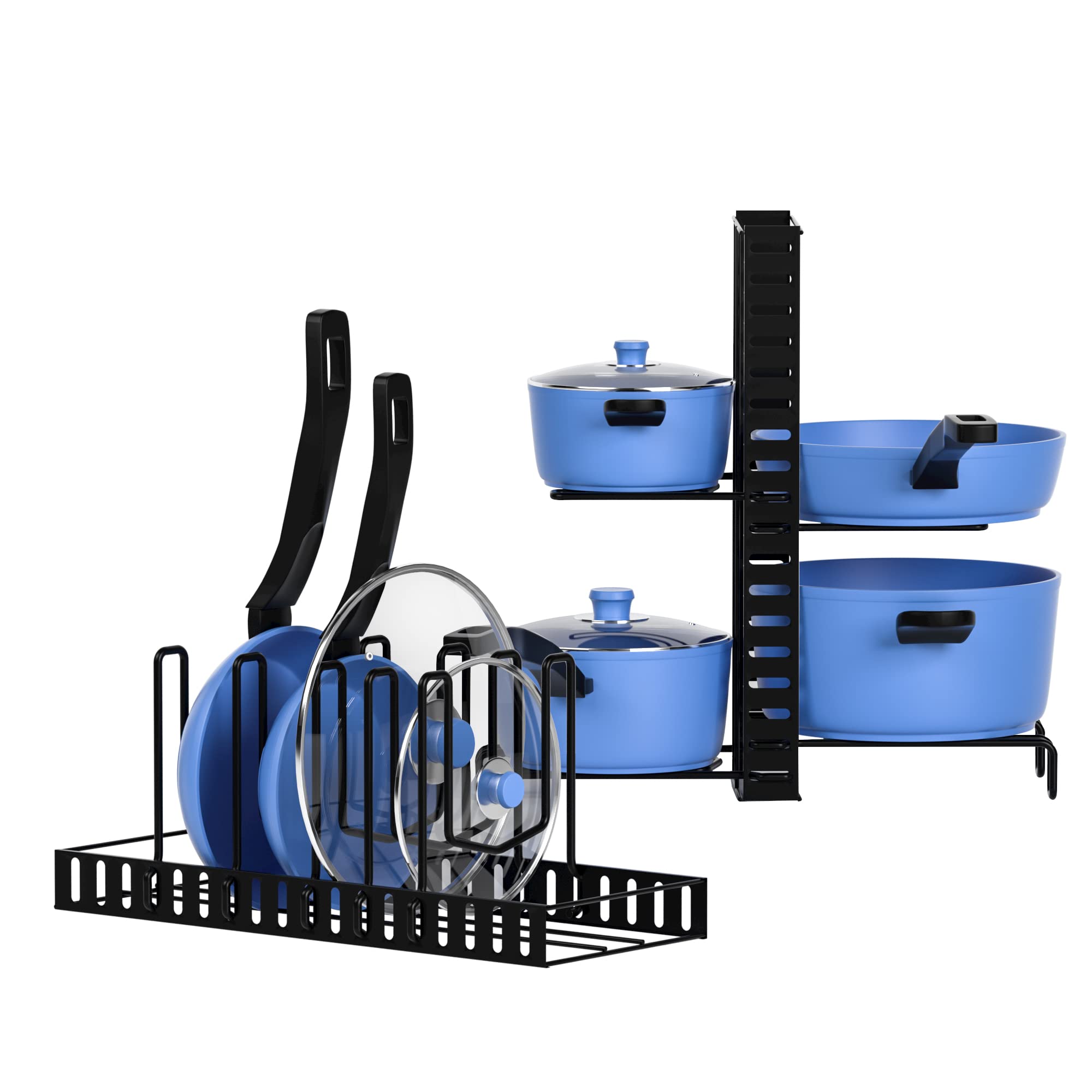 Expandable Pots and Pans Organizer for Kitchen Cabinet - 8 Adjustable Storage Rack with Lid Holder | Perfect for Small Kitchen Organization & Space Saving Storage | Ideal for Pots, Pans, Lids & Cookware Storage