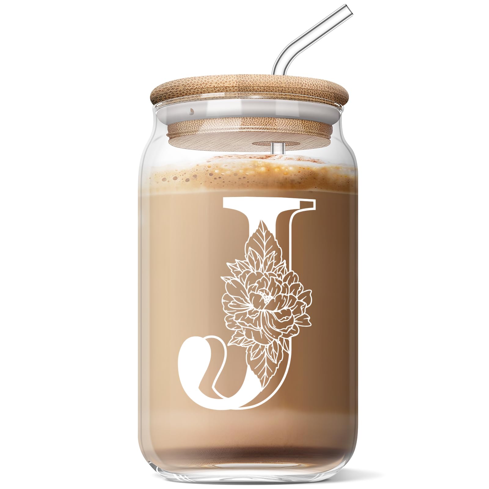 Personalized 16 Oz Glass Coffee Cup with Lid and Straw - Custom Initial Birthday Gift for Women, Mom, Friend, Sister - Great for Iced Coffee, Smoothies, Beer - Perfect Mother's Day Gift & Everyday Use at Home, Office or Travel