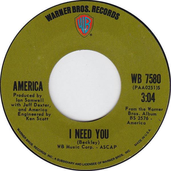 Vintage America 'I Need You' 7-Inch Single Vinyl Record (VG+ Condition, Styrene) – Perfect for Collectors & Retro Music Lovers