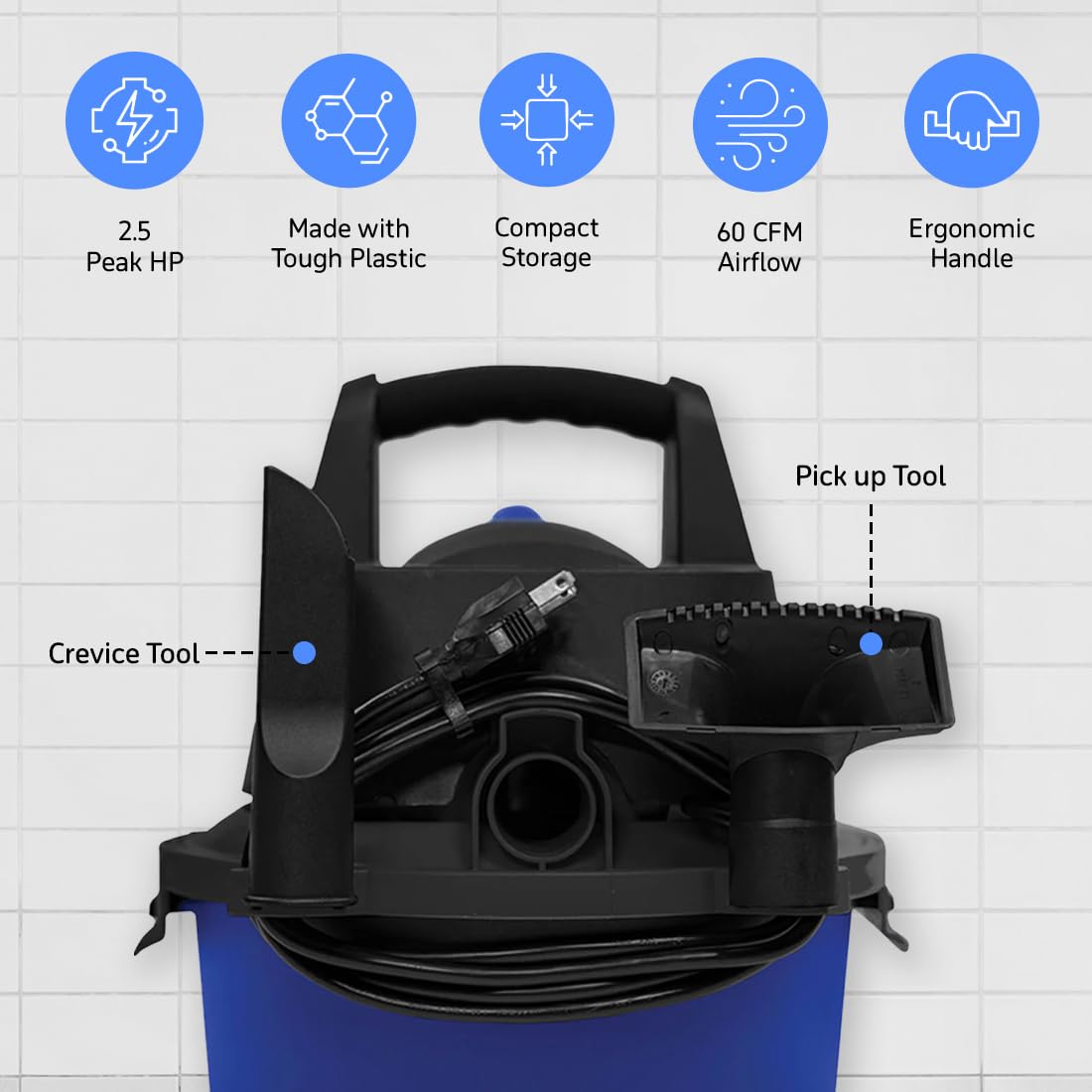 Koblenz WD-2.5L Portable Wet Dry Vacuum Cleaner - 2.5 Gallon Powerful Suction & Blower for Liquids, Dust, Pet Hair - 10ft Reach with Wall Mount & Accessories - Ideal for Car Cleaning, Home, Workshop & Garage (Blue/Black)