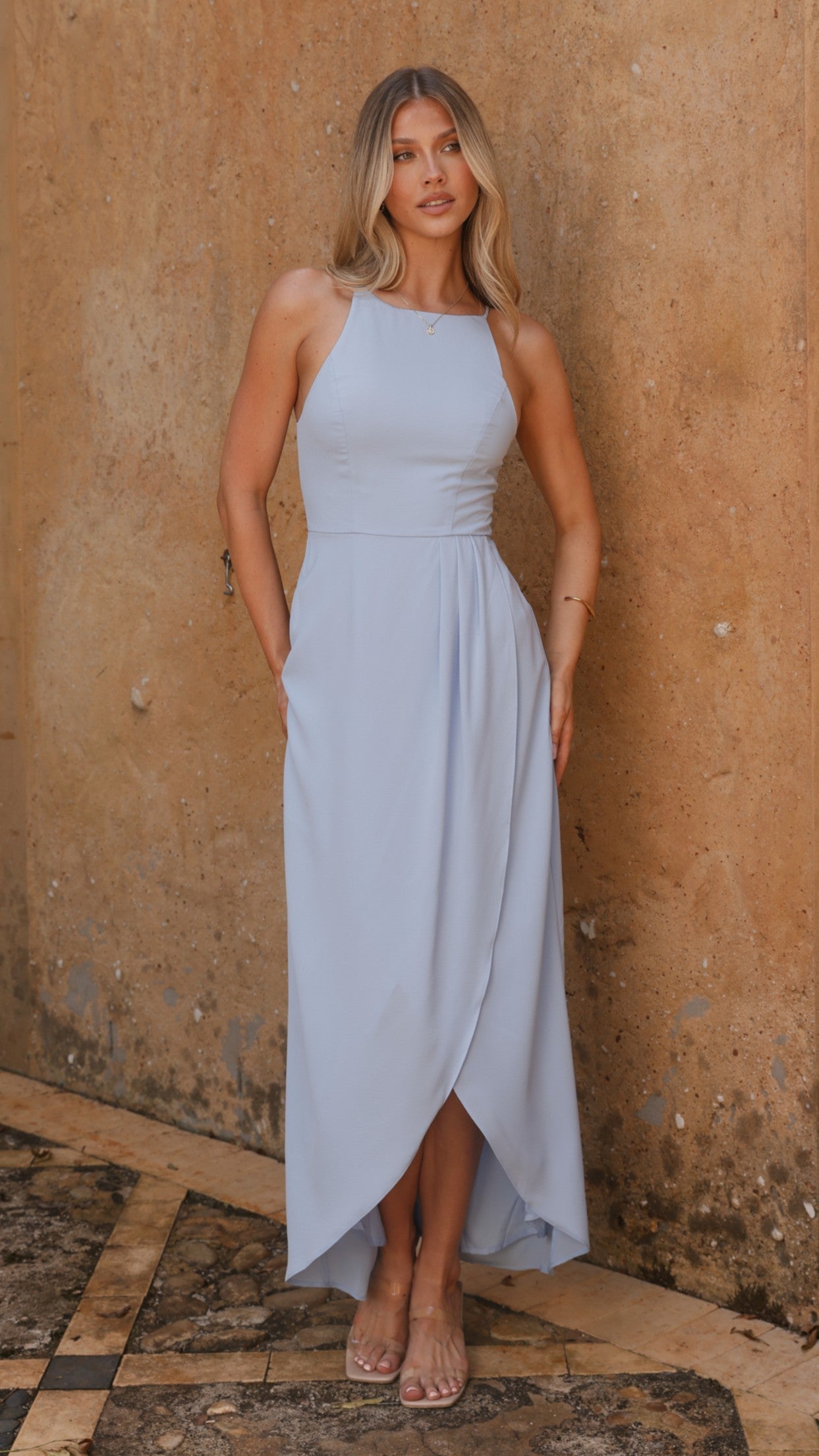 Elegant Genevieve Boat Neck Maxi Dress in Blue - Perfect for Summer Beach Vacations & Evening Parties