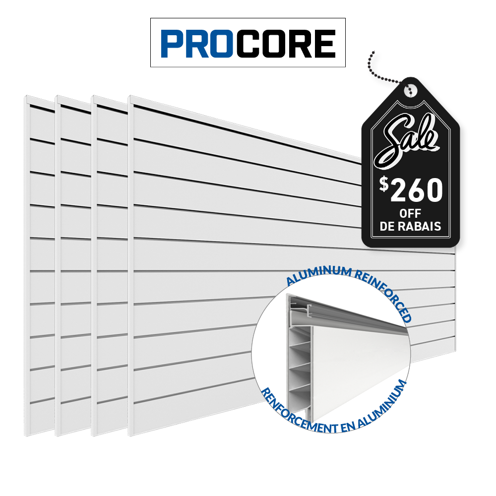 4 ft. x 8 ft. PROCORE PVC Slatwall Panel - 4 Pack (128 sq ft) for Retail Store Displays & Wall Organization - Perfect for Garages, Showrooms, and Home Storage Solutions