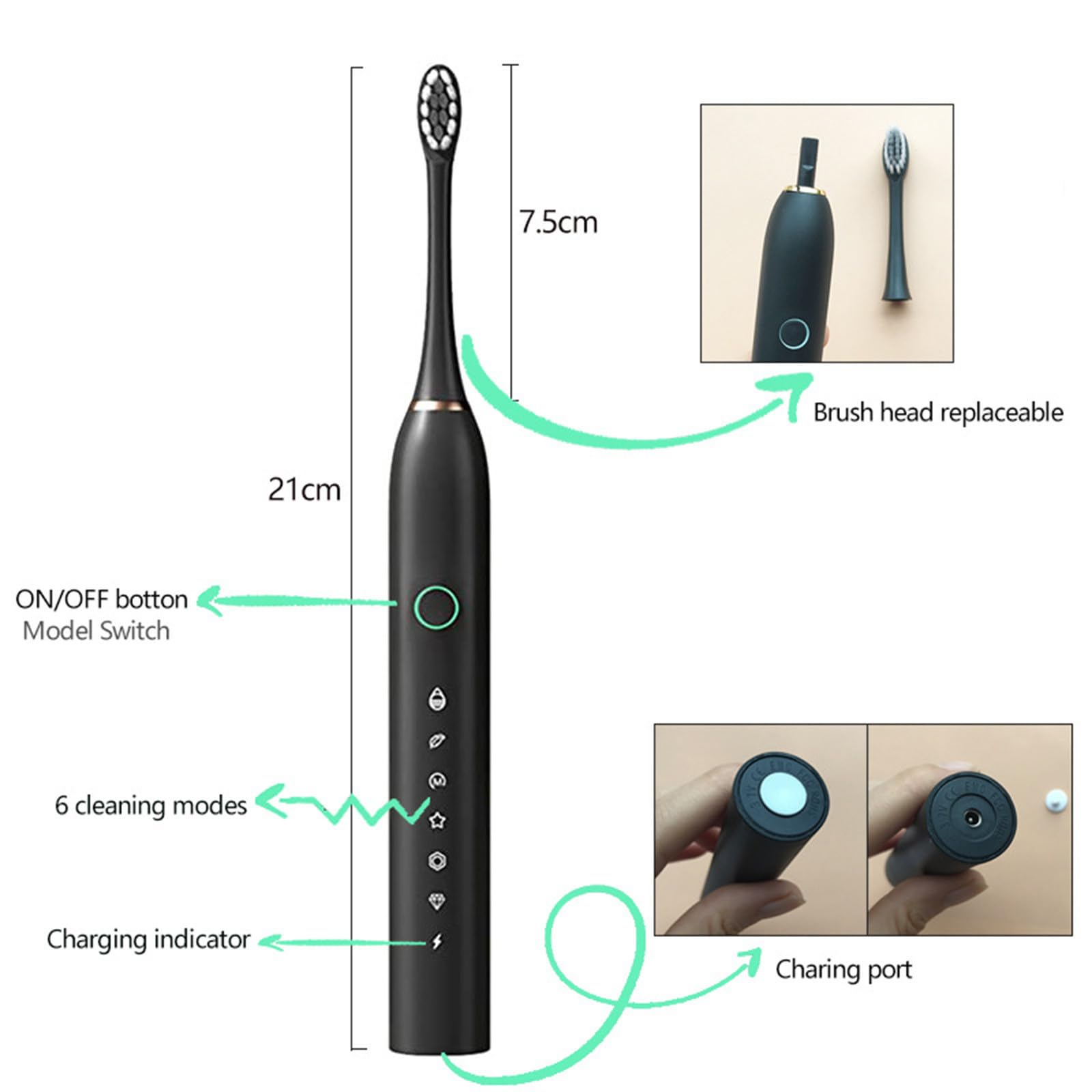 Premium Electric Toothbrush for Adults - 8 Replacement Brush Heads, 6 Cleaning Modes, IPX7 Waterproof - Perfect Travel Toothbrush with Case (Black) | Ideal for Home Use, Business Trips & Gifts for Women & Men