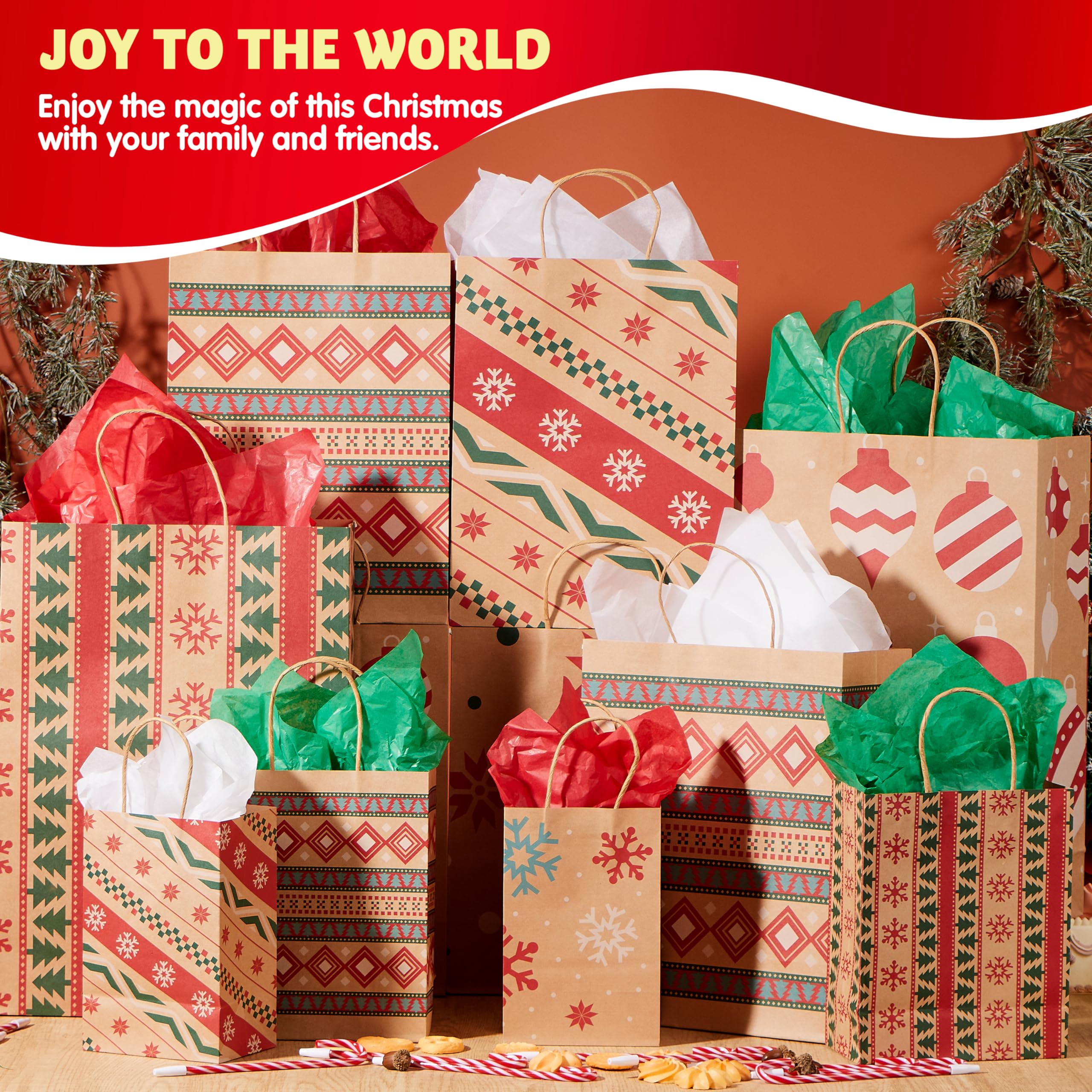 JOYIN 24 PCS Christmas Kraft Gift Bags - Festive Holiday Xmas Paper Gift Bags for Classroom, Party Favors & Christmas Presents | Perfect for Holiday Gifting, School Events & Christmas Party Decorations