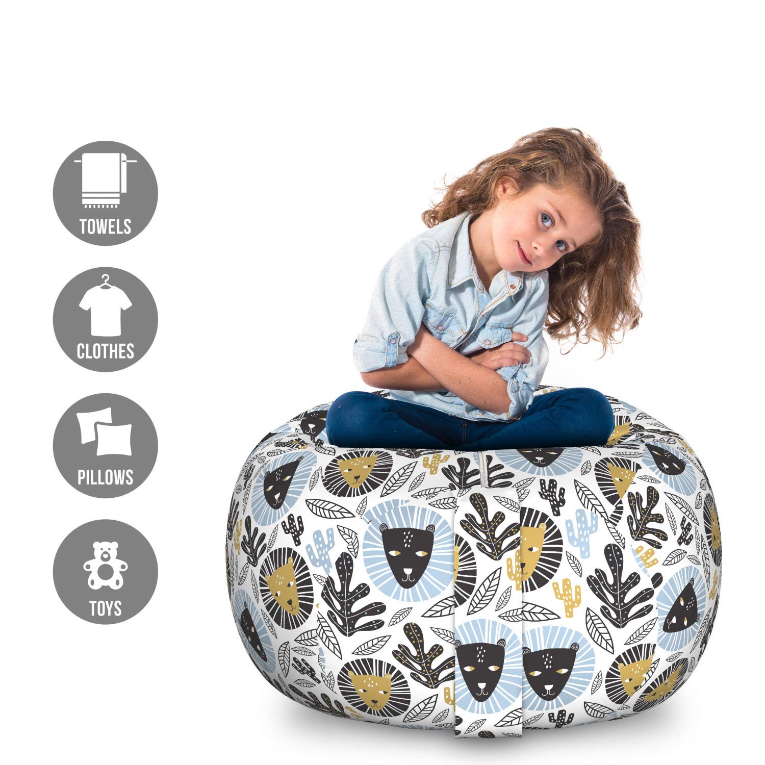 Ambesonne Cartoon Storage Toy Bag Chair - Tropical Leaves Cactus Plants & Lion Heads Pattern, Large Washable Stuffed Animal Organizer Bag for Kids Room, Playroom & Nursery - Multicolor
