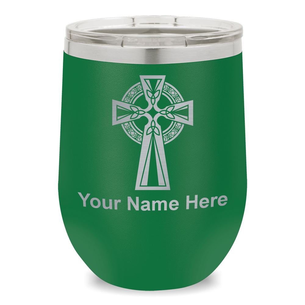 Personalized Celtic Cross Engraved Wine Glass Tumbler - Green, Custom Irish-Themed Drinking Cup for St. Patrick's Day, Wedding Favors & Gifts