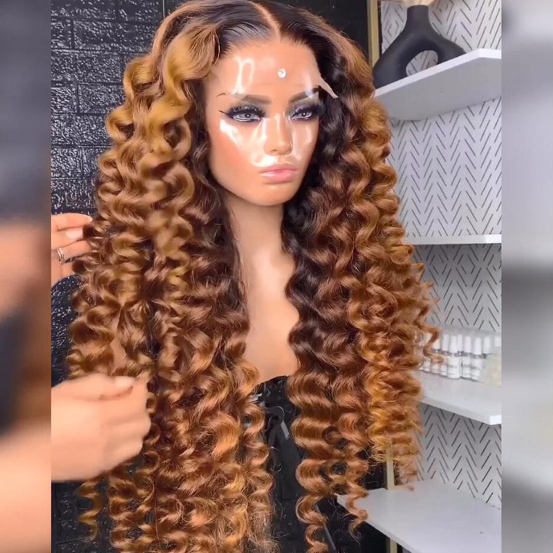 Eullair Glueless Ombre Brown Water Wave Human Hair Wig - Caramel Brown Highlighted Curly Lace Frontal Wig for Women | Natural Look for Daily Wear, Cosplay & Special Occasions
