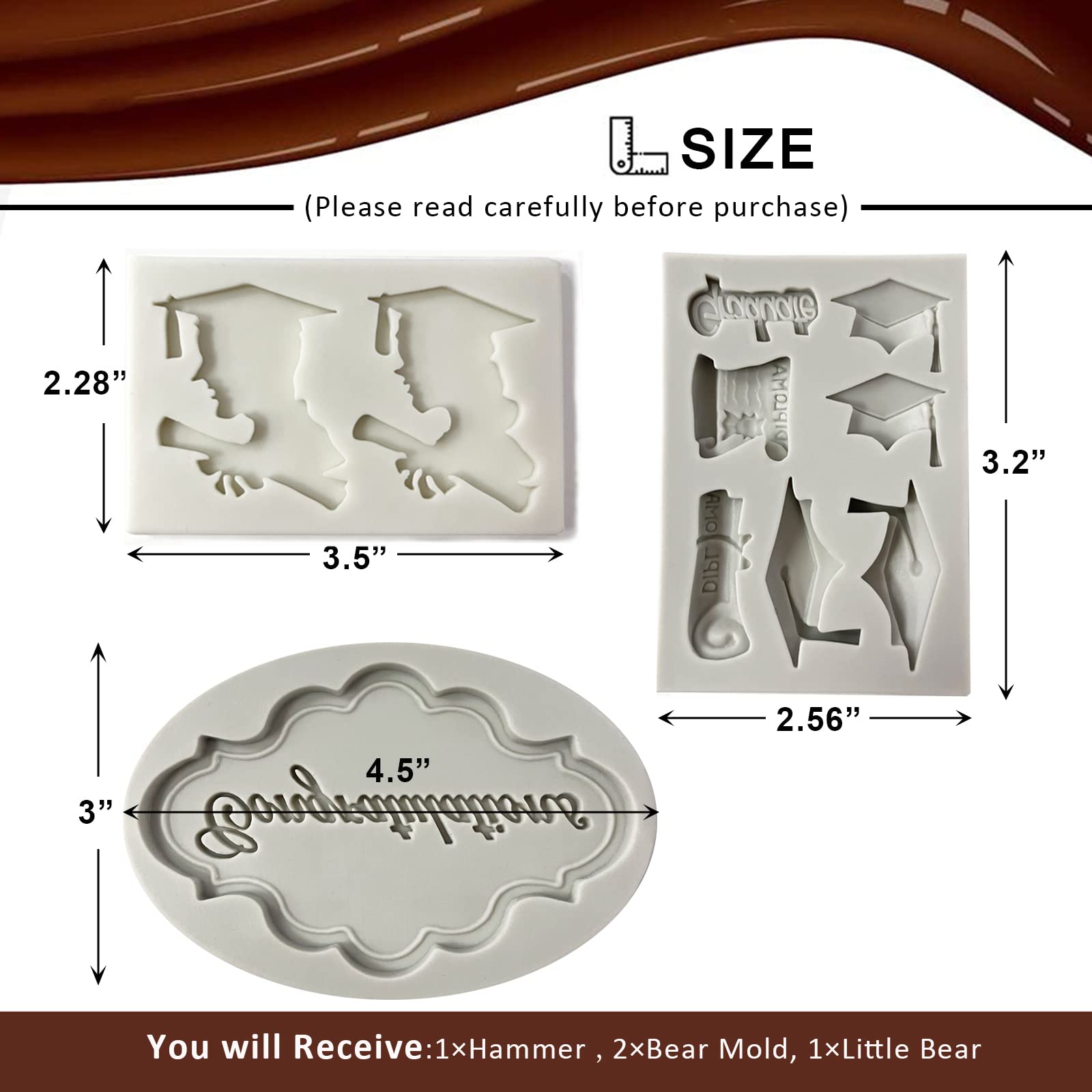 3-Piece Graduation Candy Mold Set - Grad Cap, Diploma & Doctoral Cap Chocolate Molds for Cake Decorating | Perfect for Graduation Parties, Cupcake Toppers & Candy Making (Congrats Grad Theme)