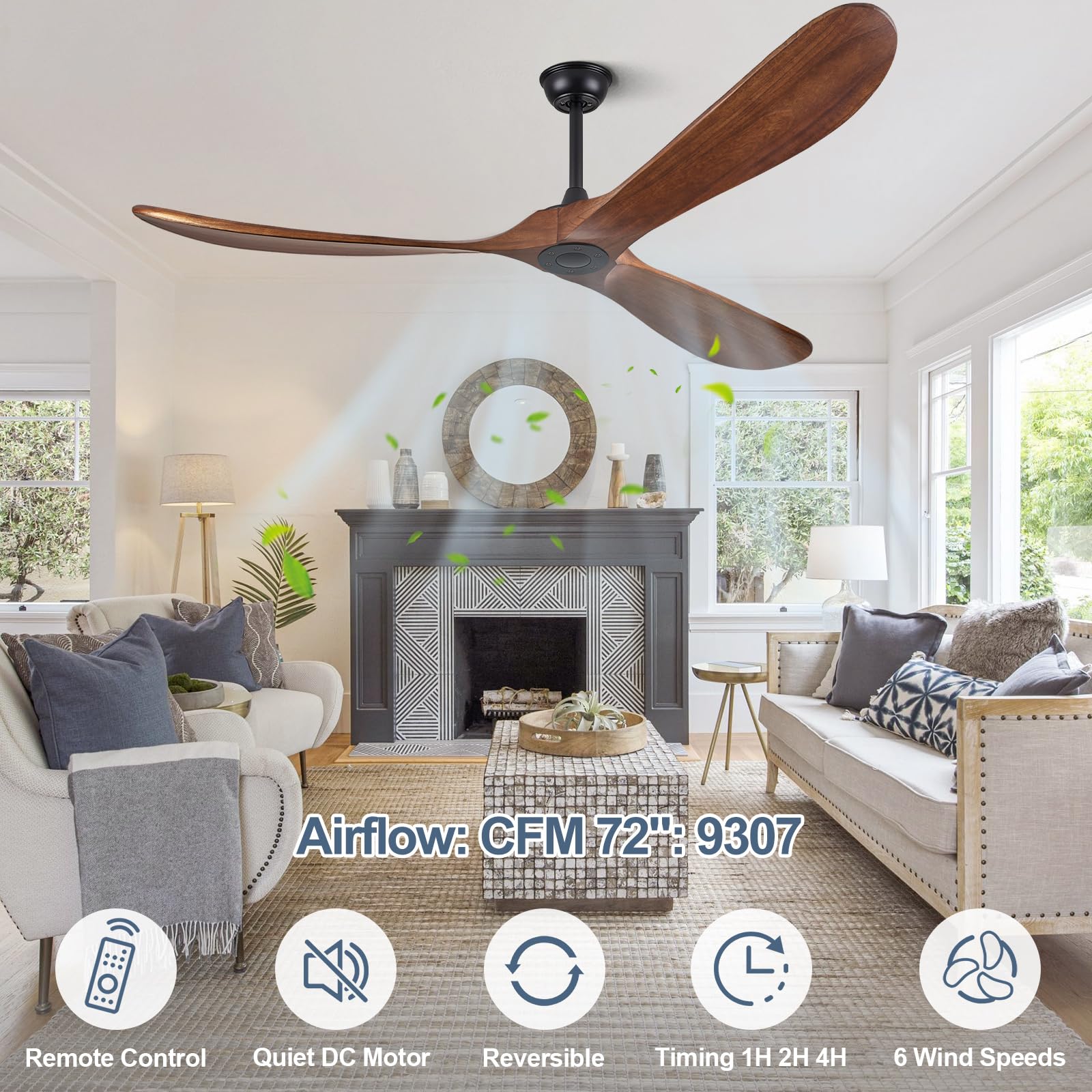 72 Inch Outdoor Ceiling Fan No Lights - ABZ 3-Blade Solid Wood Ceiling Fan with Remote Control for Patio, Living Room, Bedroom, Porch - Perfect for Cooling Large Spaces and Enhancing Home Decor