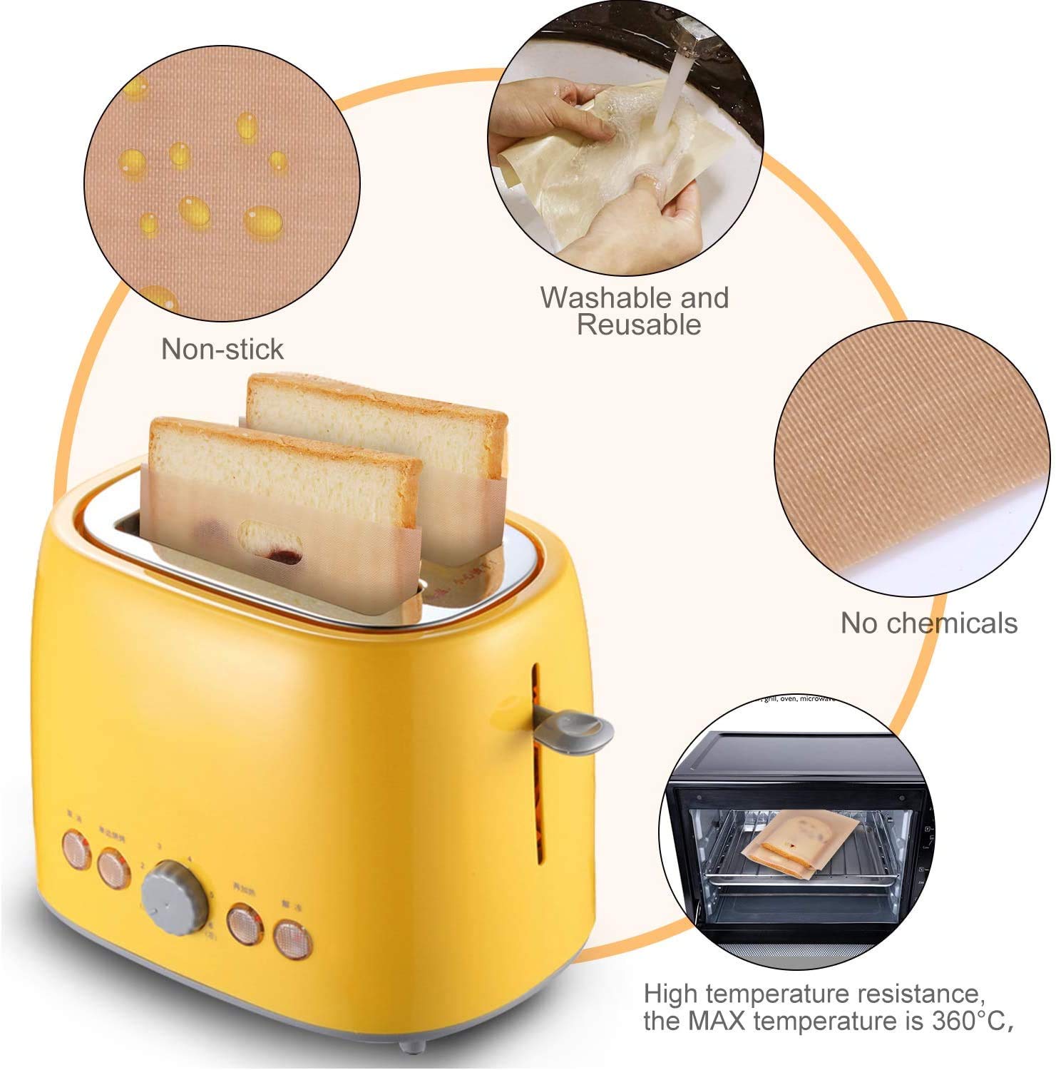 Samshow 10-Pack Non-Stick Heat Resistant Reusable Toaster Sandwich Bags - Gluten Free Oven Safe Pastry Bags for Grilled Cheese, Picnics & Baking (Wood Color) - Perfect for Home, Camping & Outdoor Cooking