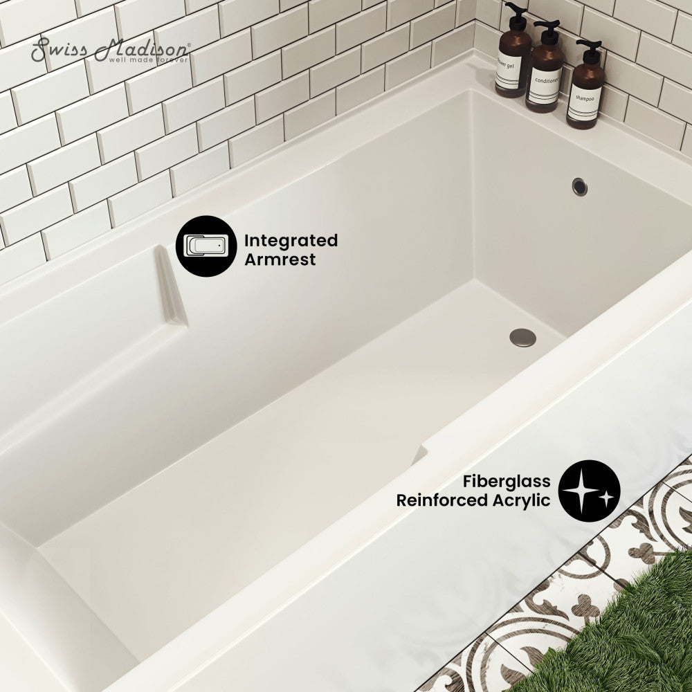 Voltaire 72 x 36 Left Hand Drain Alcove Bathtub with Apron & Armrest - Perfect for Small Bathrooms & Spa-Like Relaxation at Home