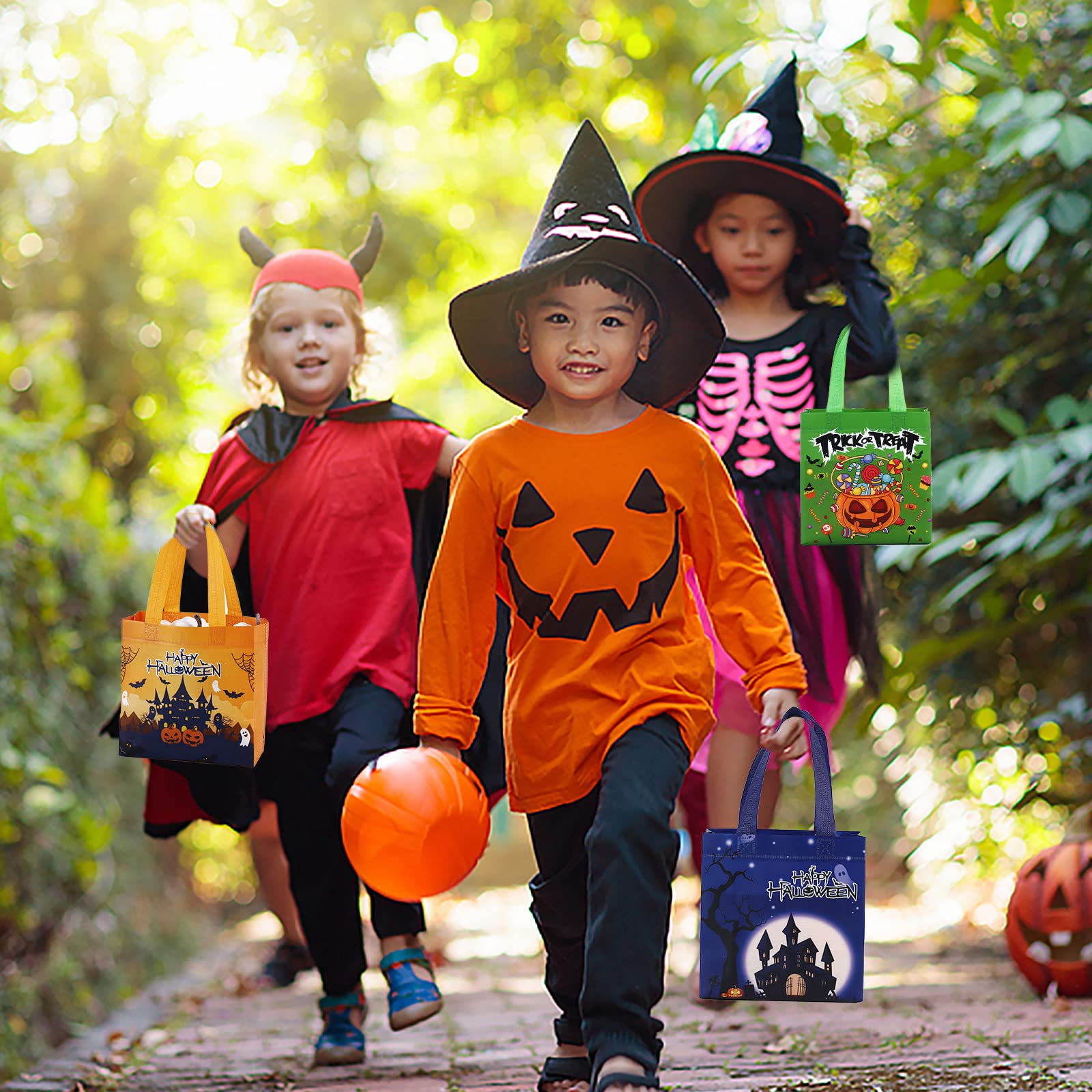 16 Pack Reusable Halloween Trick or Treat Bags with Handles - Cute Halloween Party Favor Bags for Kids, Candy Collection & Gift Giving - Perfect for Trick-or-Treating, Classroom Parties & Halloween Events